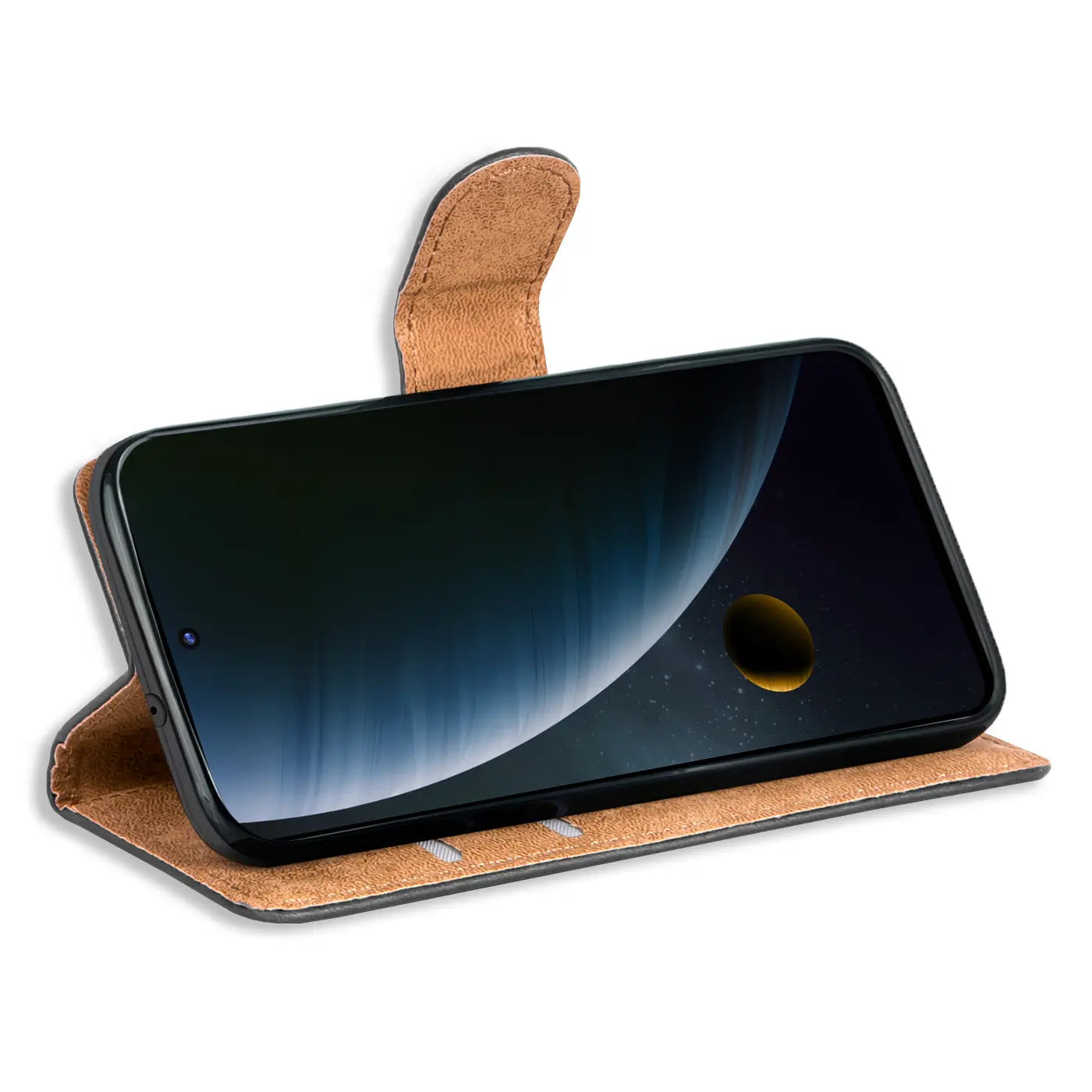 Braune Kunstleder-Klapphülle mit Kartenfächern, ZTE Blade V30, Seitenansicht.