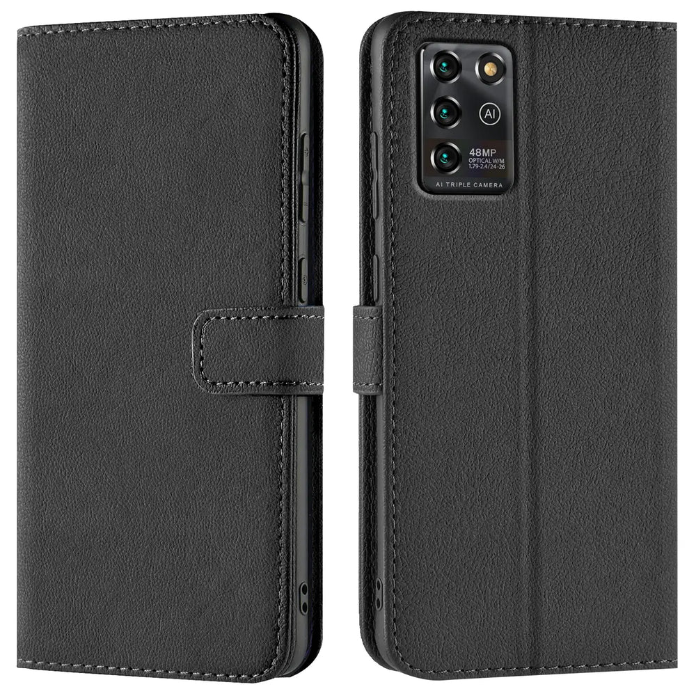 Schwarze Leder-Klapphülle für ZTE Blade V30 Vita, Vorder- und Rückansicht.