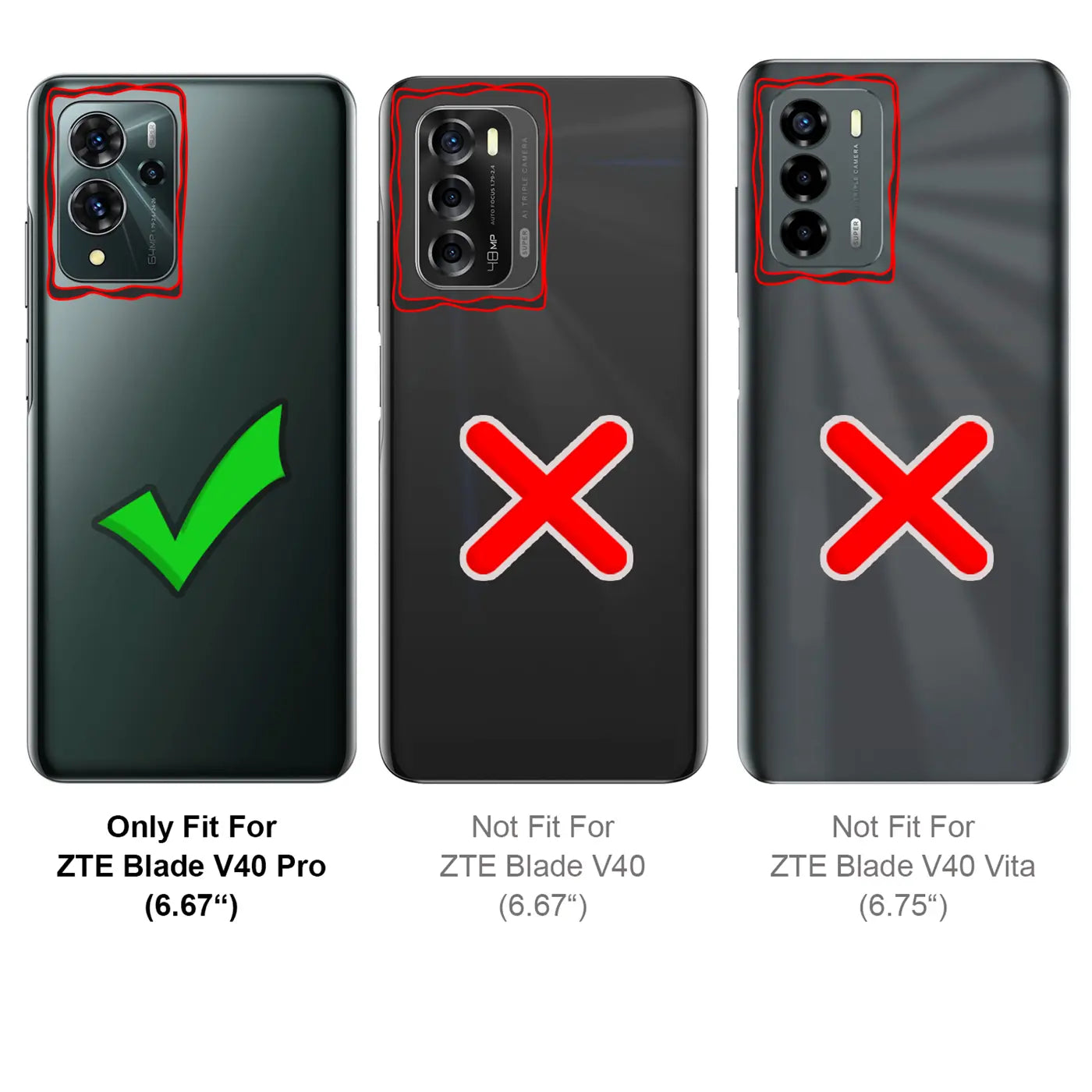 Drei Smartphone-Rückseiten: ZTE Blade V40 Pro (grüner Haken), ZTE Blade V40 (rotes Kreuz), ZTE Blade V40 Vita (rotes Kreuz).