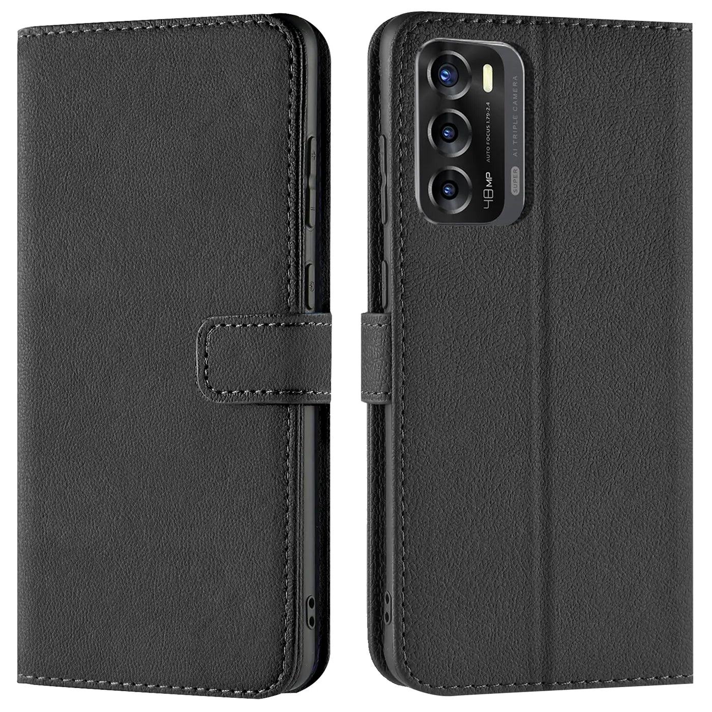 Schwarze Leder-Klapphülle mit Kartenfächern für ZTE Blade V40, Vorder- und Rückansicht.