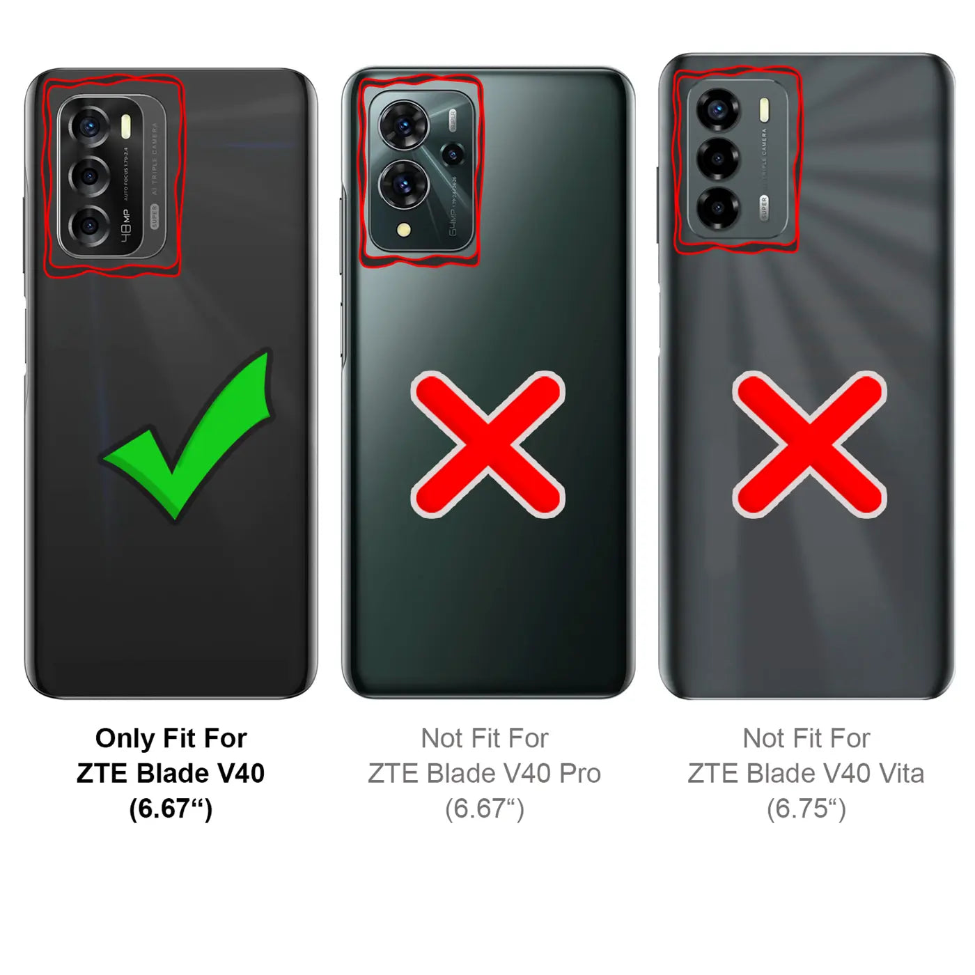 Rückseite ZTE Blade V40, schwarz, drei Kameras, mit Häkchen.
