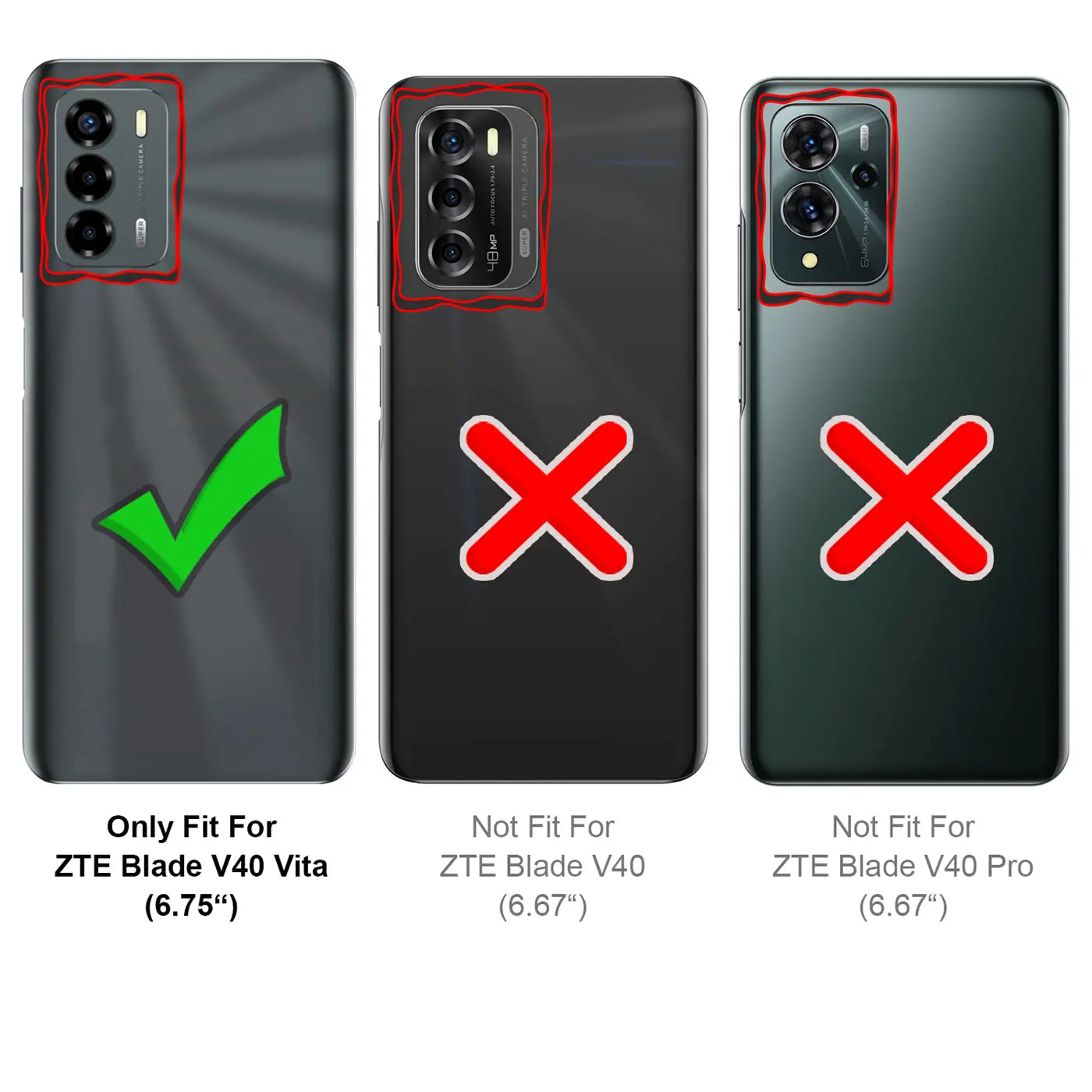 Drei Handy-Rückseiten, links ZTE Blade V40 Vita mit Haken, Mitte/rechts Nicht-Passform-Beispiele.