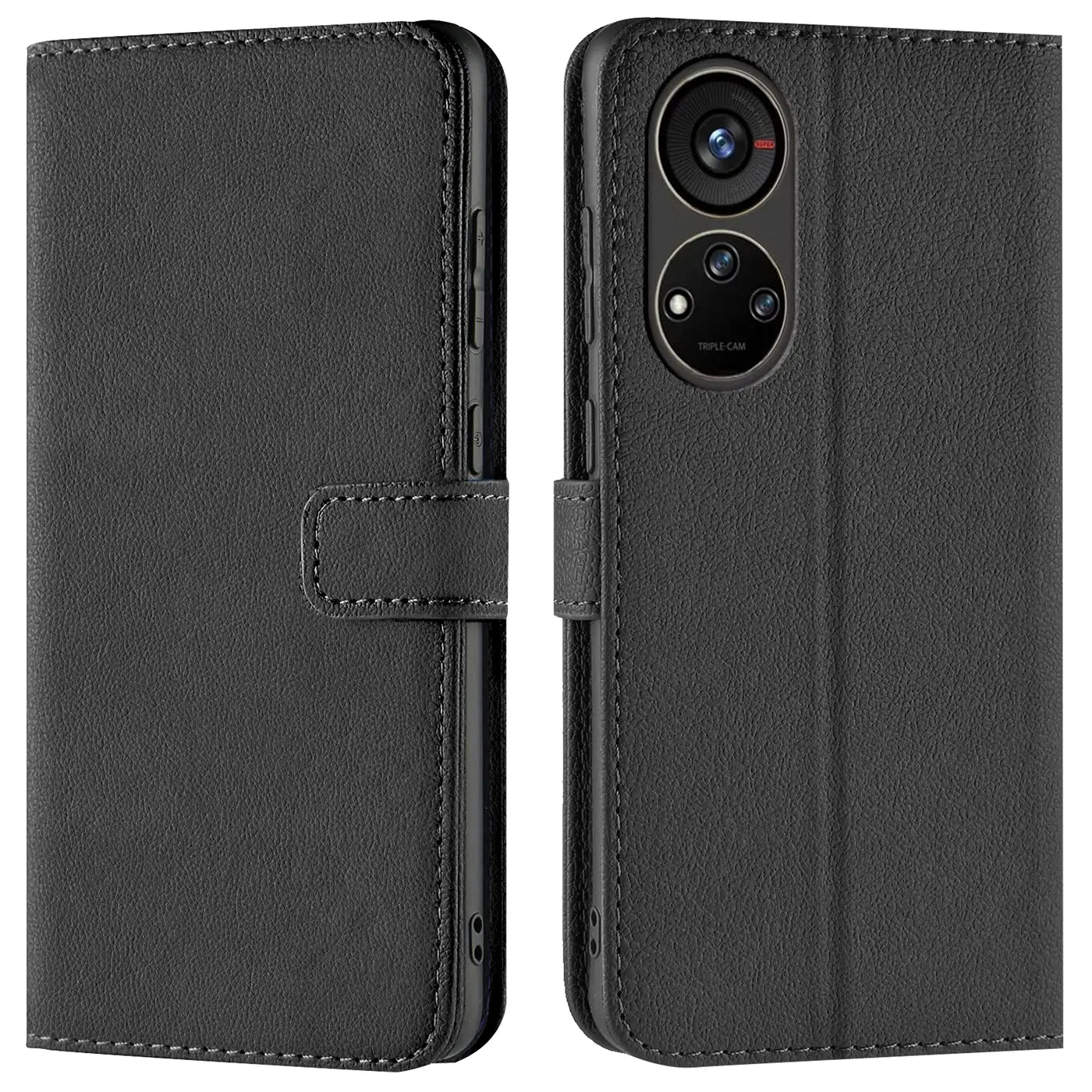 Schwarze Leder-Klapphülle mit Kartenfächern, Vorder- und Rückansicht, ZTE Blade V40s erkennbar.