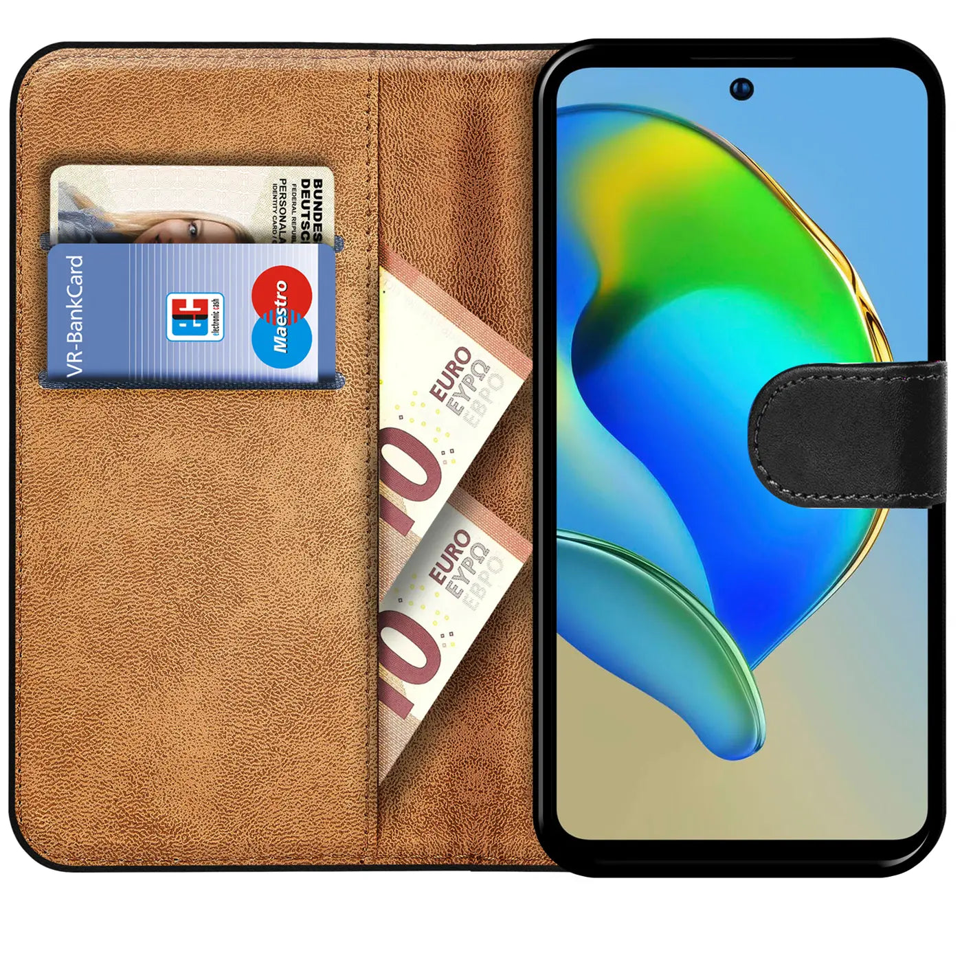 Braune Kunstleder-Klapphülle mit Kartenfächern und Geldscheinfach, zeigt ZTE Blade V40s.