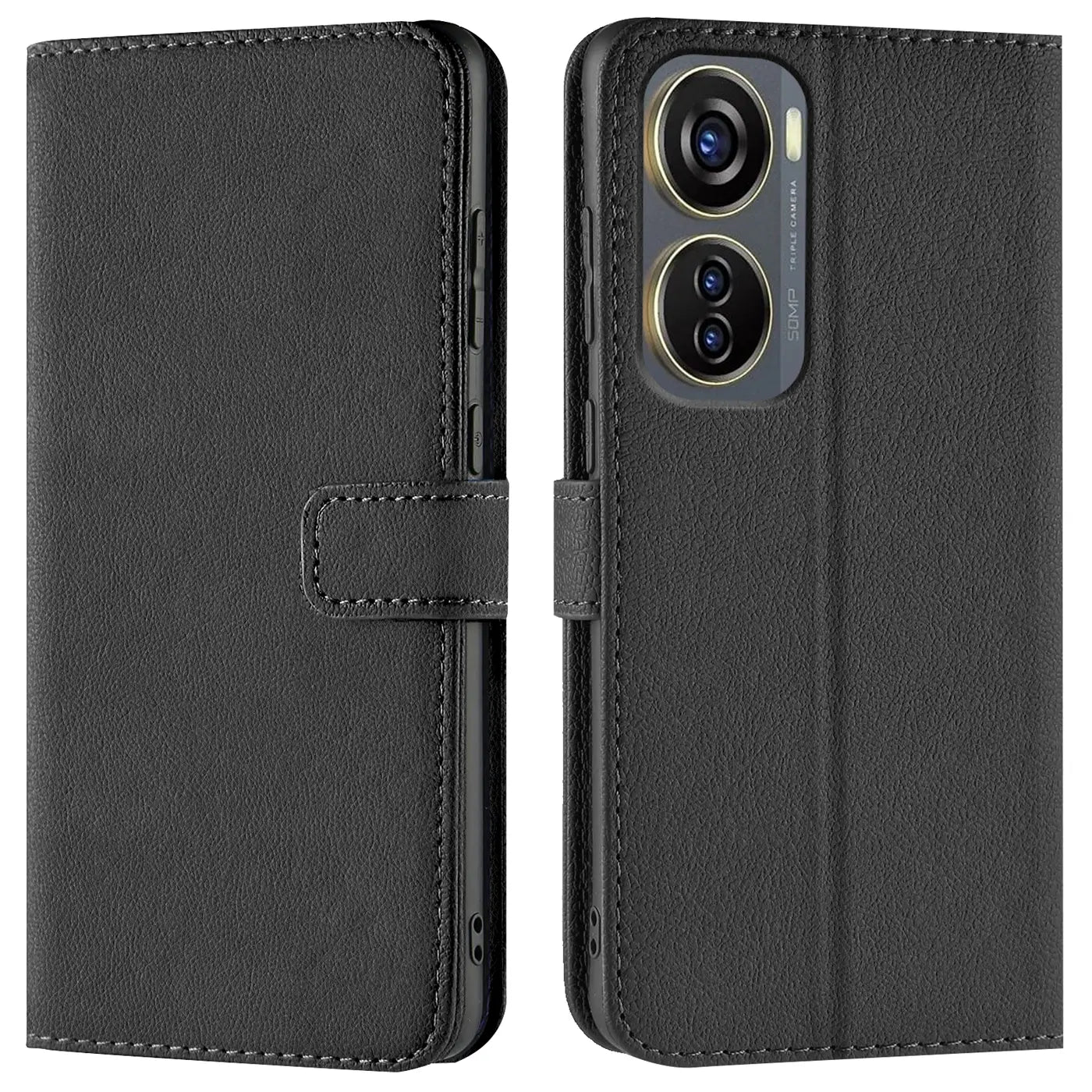 Schwarze Leder-Klapphülle mit Kartenfächern, Vorder- und Rückansicht, ZTE Blade V41 Vita 5G.