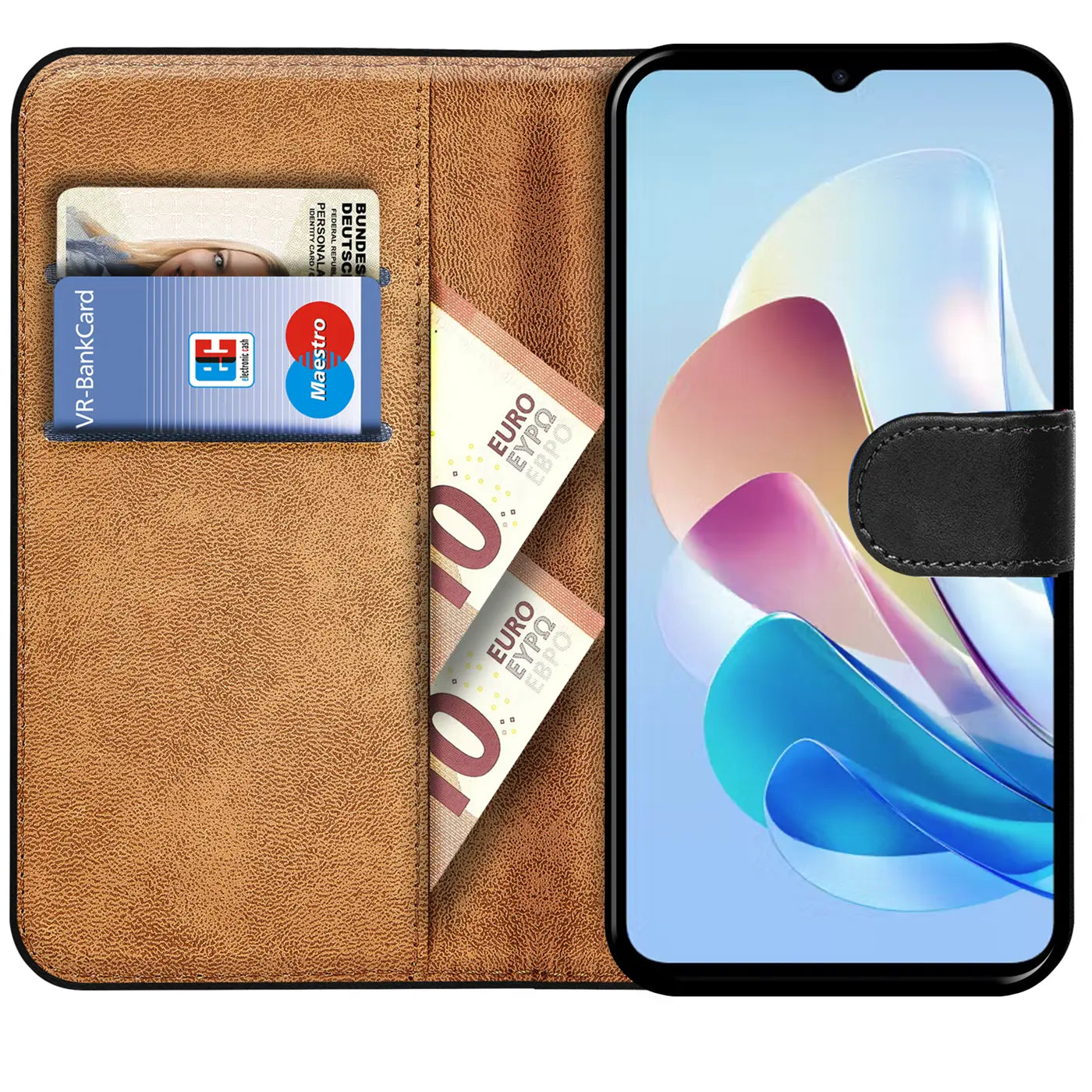 Braune Kunstleder-Klapphülle mit Kartenfächern, zeigt ZTE Blade V41 Vita 5G.