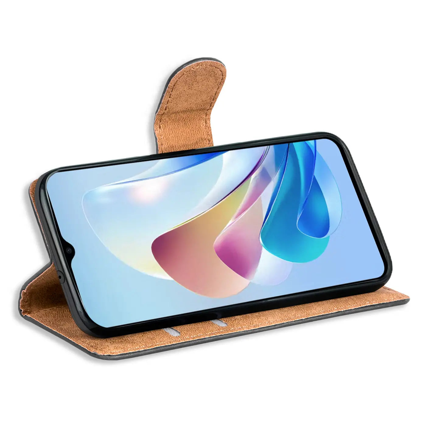 Braune Kunstleder-Klapphülle mit Kartenfächern, zeigt ZTE Blade V41 Vita 5G von vorne.