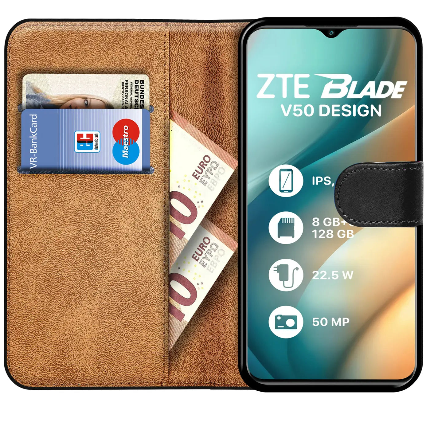 Braune Leder-Klapphülle mit Kartenfächern und ZTE Blade V50 Design 4G Smartphone.