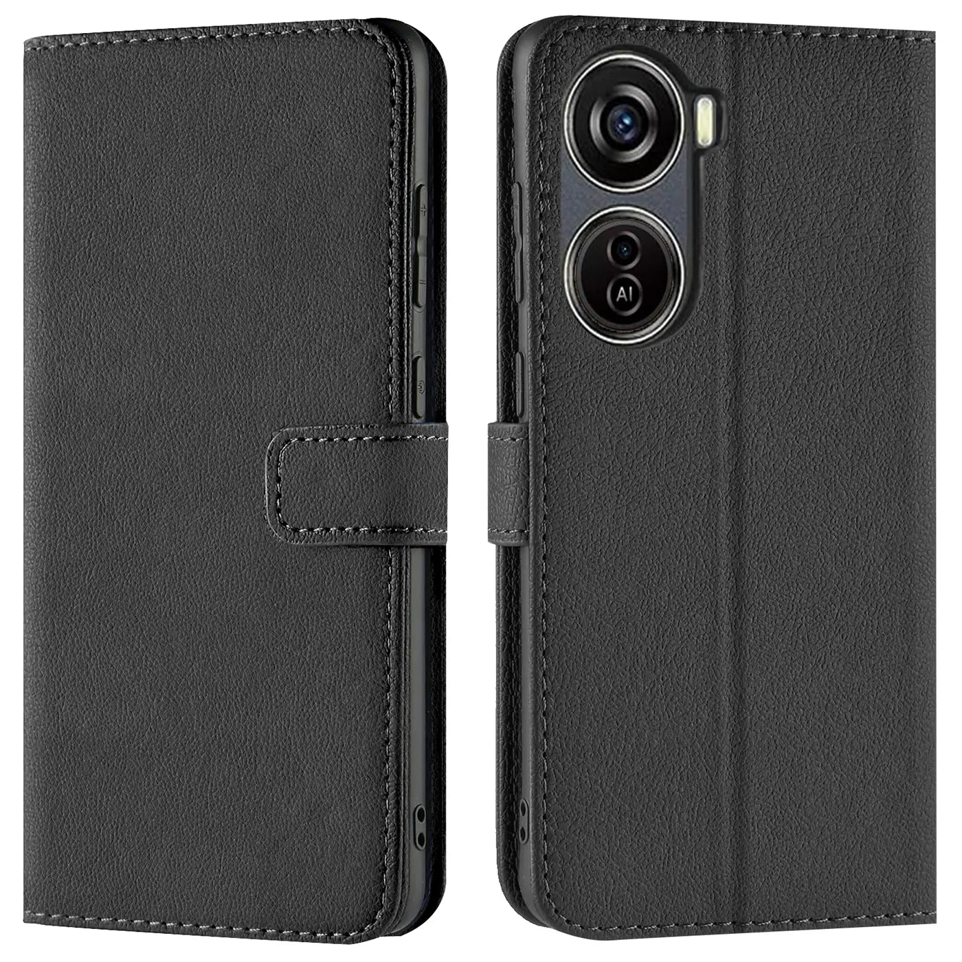 Schwarze Leder-Klapphülle mit Kartenfächern, Vorder- und Rückansicht, ZTE Blade V50 Design 5G.