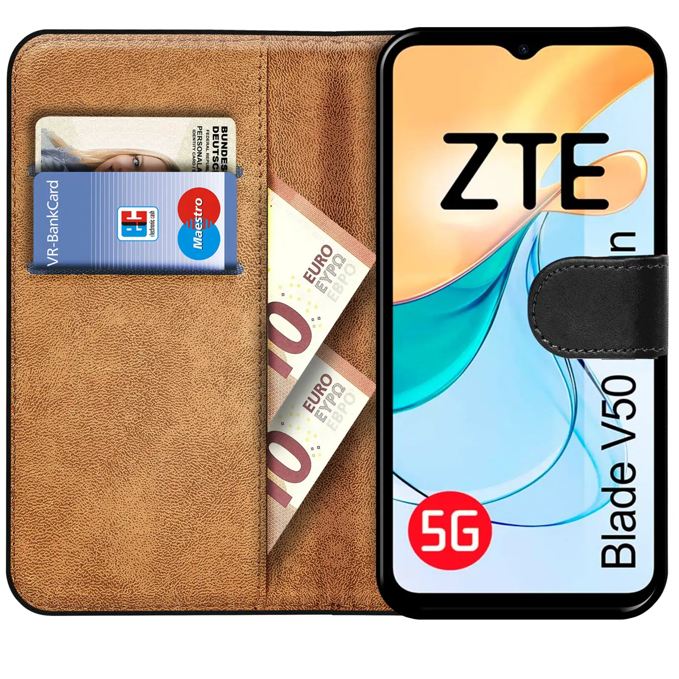 Braune Kunstleder-Klapphülle mit Kartenfächern, zeigt ZTE Blade V50 Design 5G.