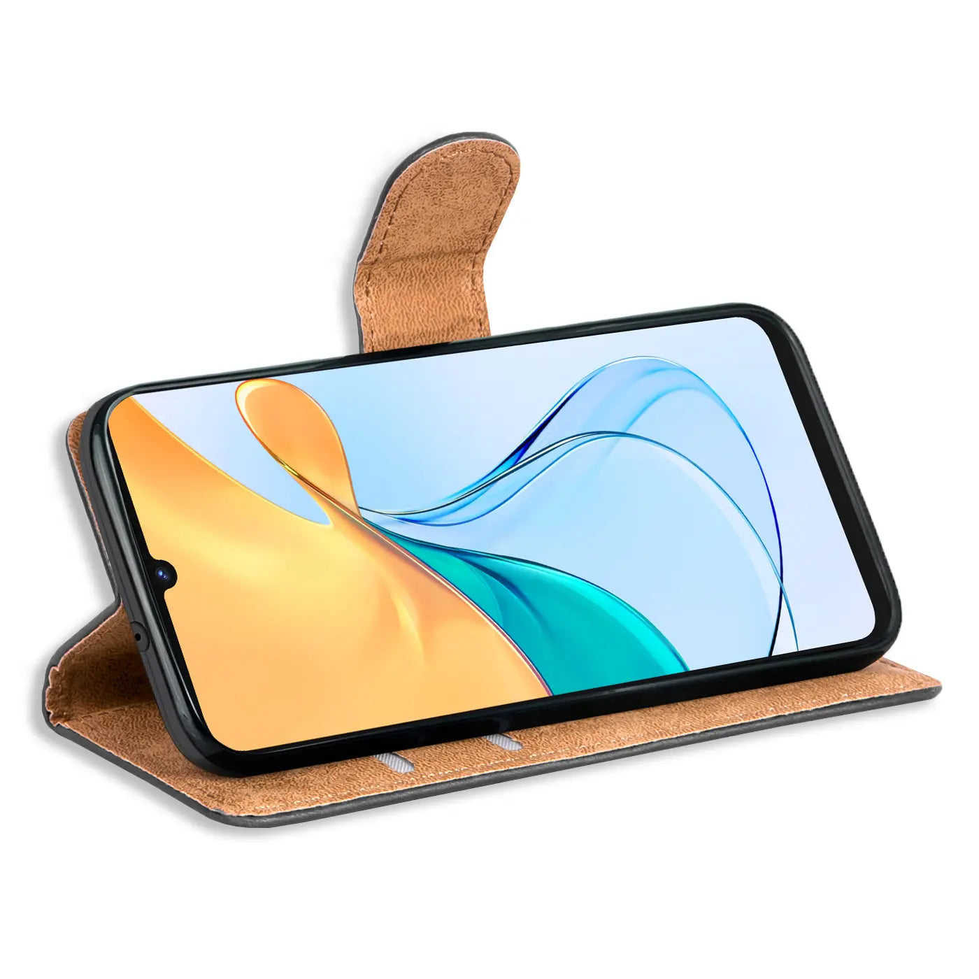 Braun/graue Kunstleder-Klapphülle mit offenem ZTE Blade V50 Design 5G, von vorne schräg