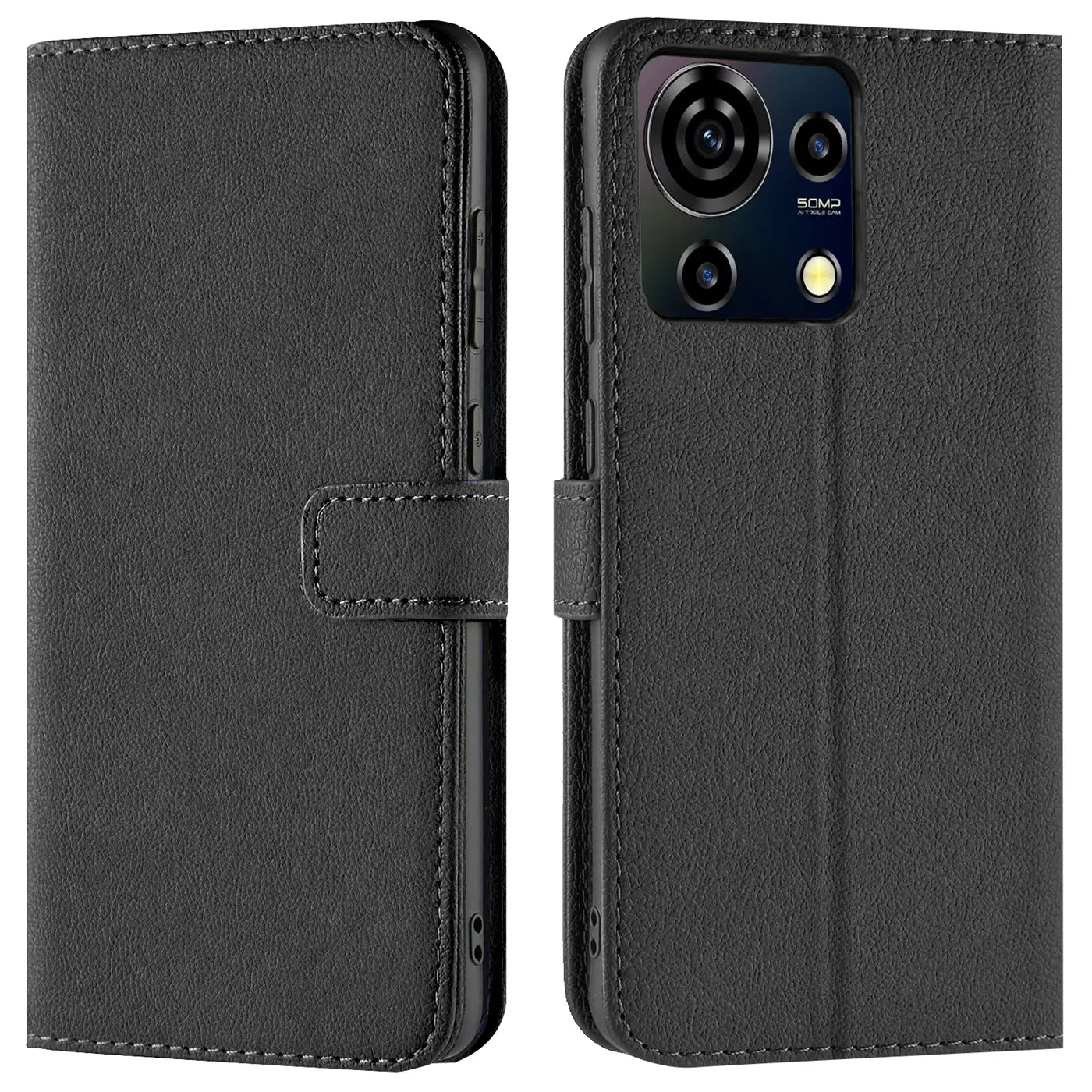 Schwarze Leder-Klapphülle mit Kartenfächern für ZTE Blade V50 Vita, Vorder- und Rückansicht.