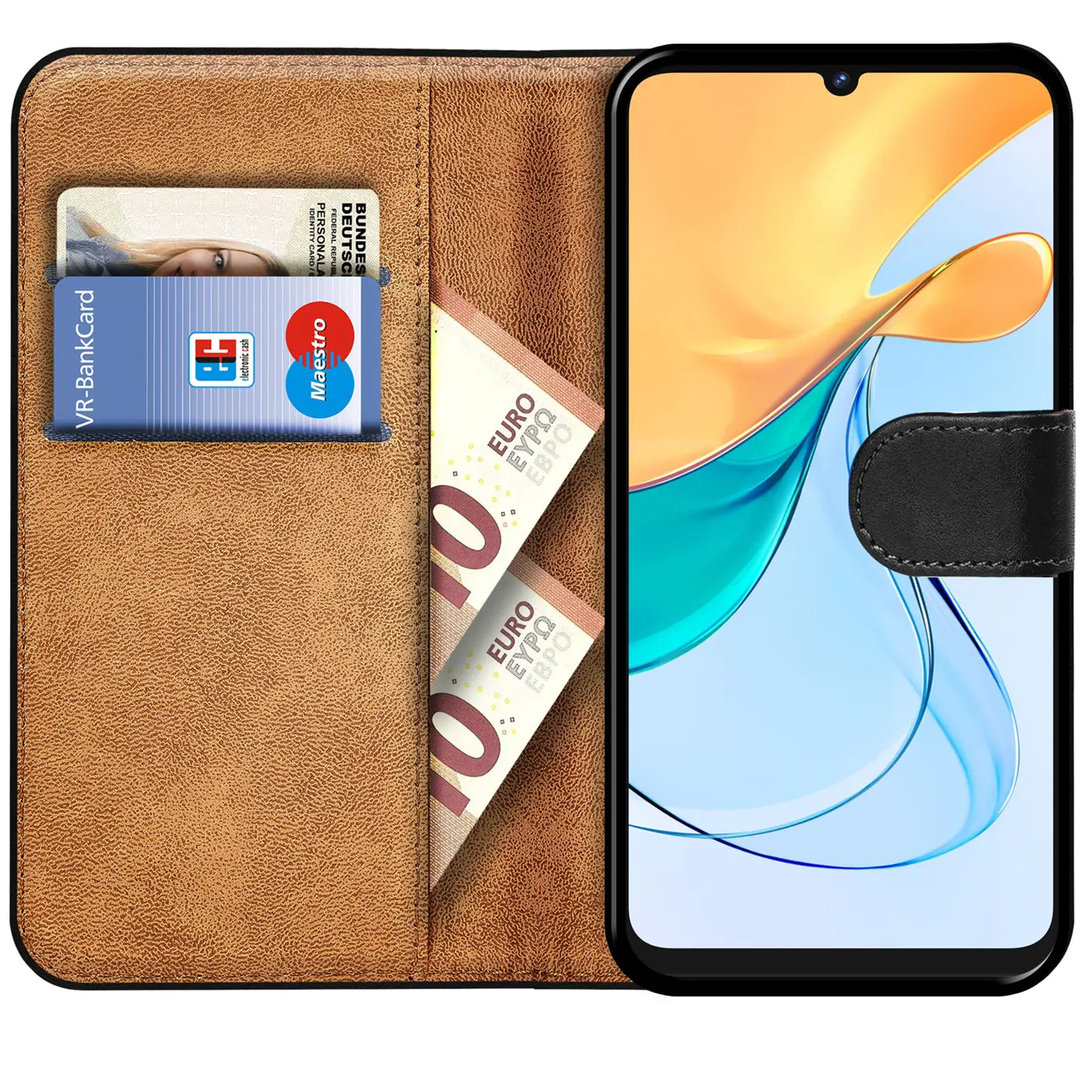 Braune Kunstleder-Klapphülle mit Kartenfächern und Geldscheinfach, zeigt ZTE Blade V50 Vita.