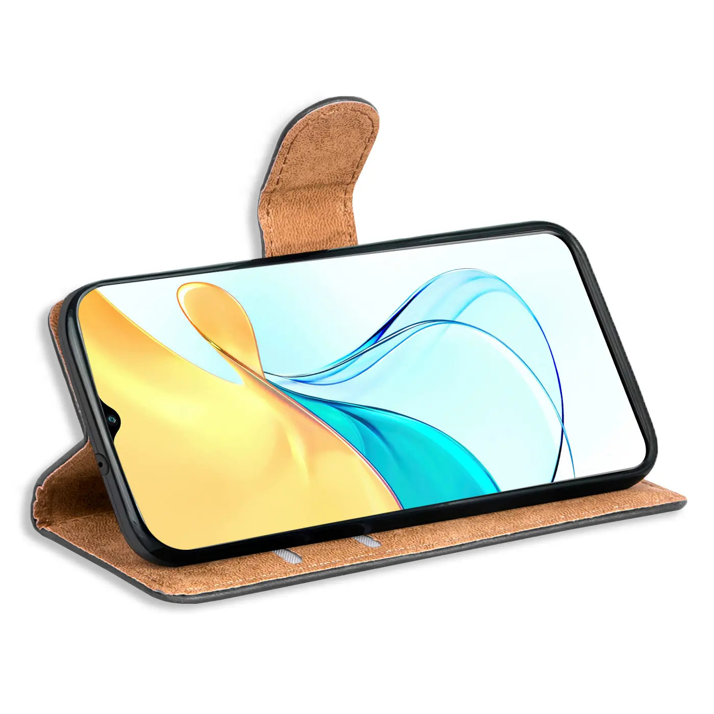 Braune Kunstleder-Klapphülle mit offenem ZTE Blade V50s, Seitenansicht.