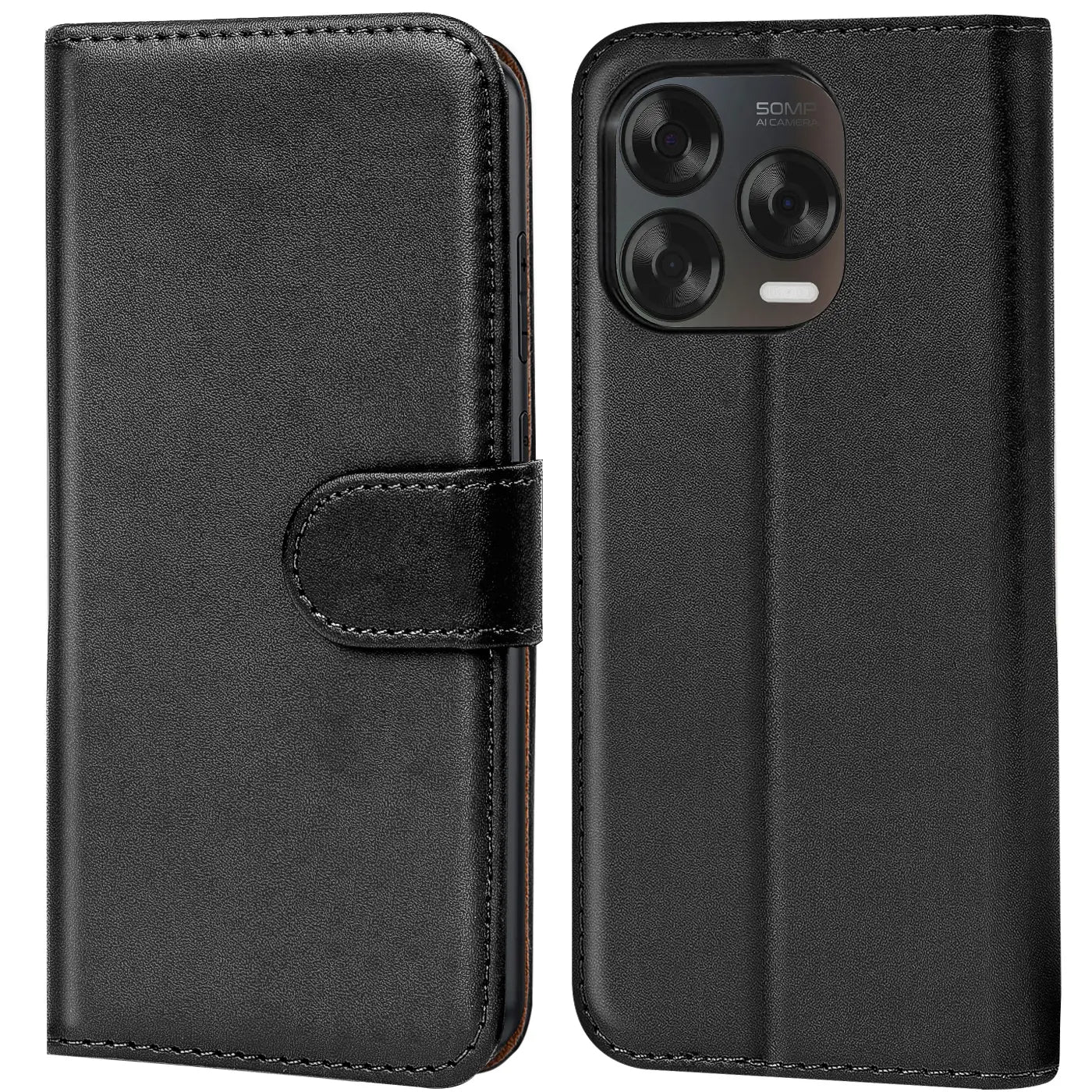 Schwarze Leder-Klapphülle mit Kartenfächern, Vorder- und Rückansicht, mit ZTE Blade V70 Vita.