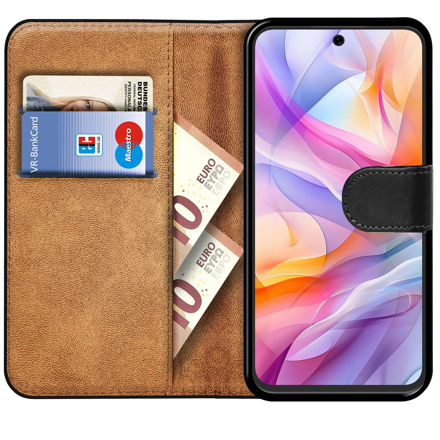 Braune Kunstleder-Klapphülle mit Kartenfächern, zeigt ZTE Blade V70 Vita.