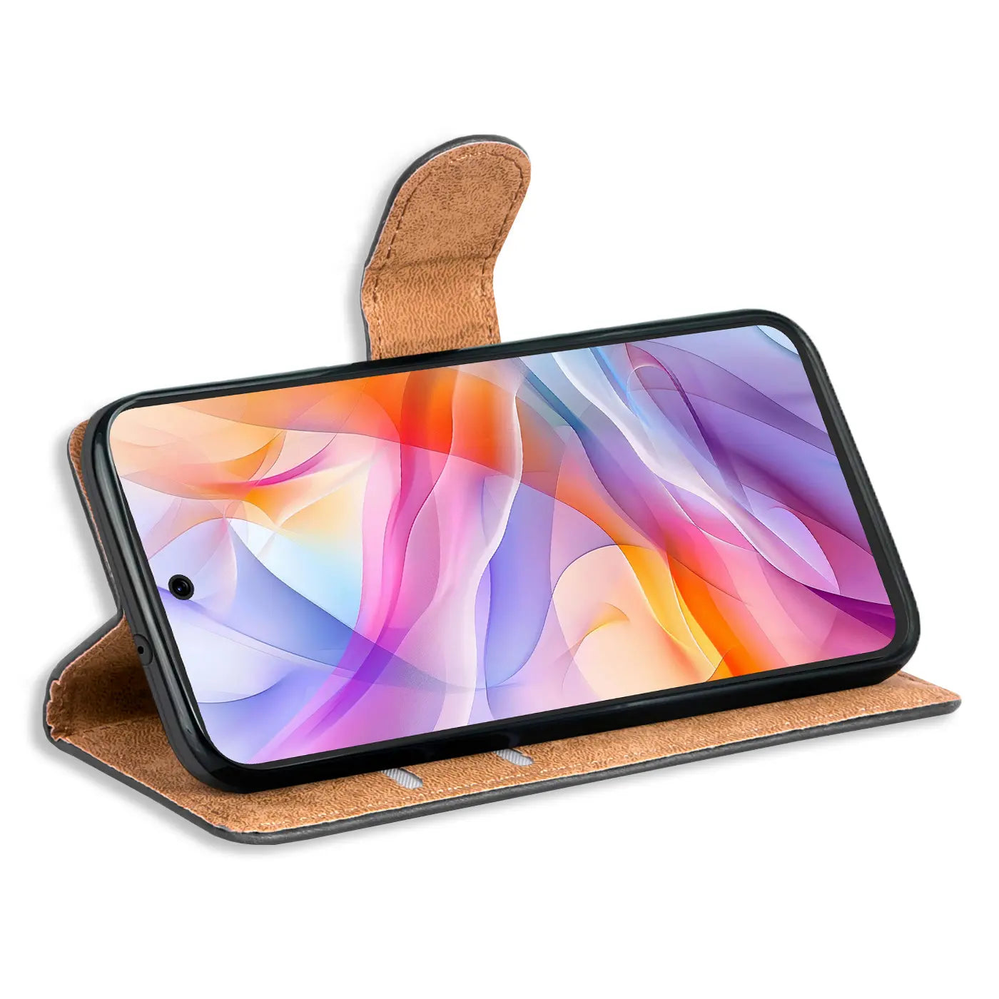 Braune Leder-Klapphülle mit offenem ZTE Blade V70 Vita, von vorne schräg betrachtet.