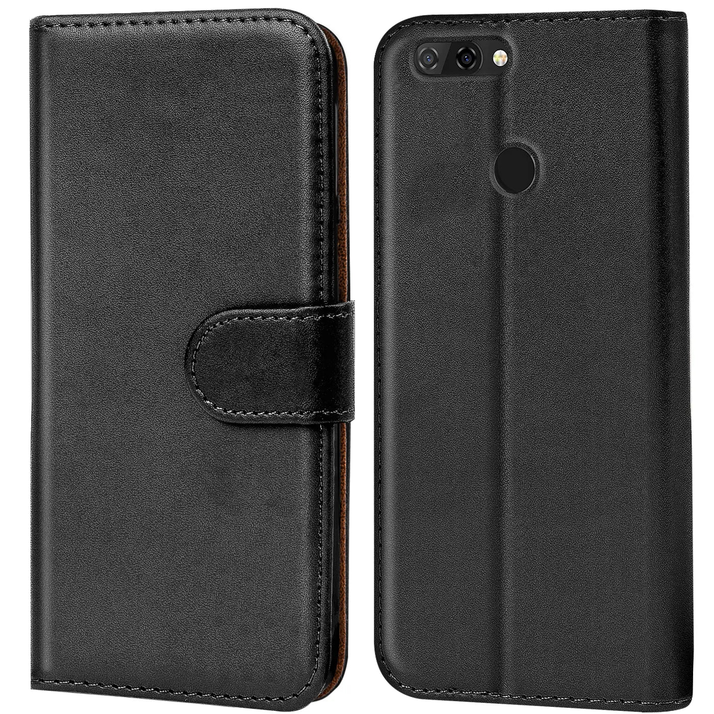 Schwarze Leder-Klapphülle mit Kartenfächern, Vorder- und Rückansicht, ZTE Blade V9.