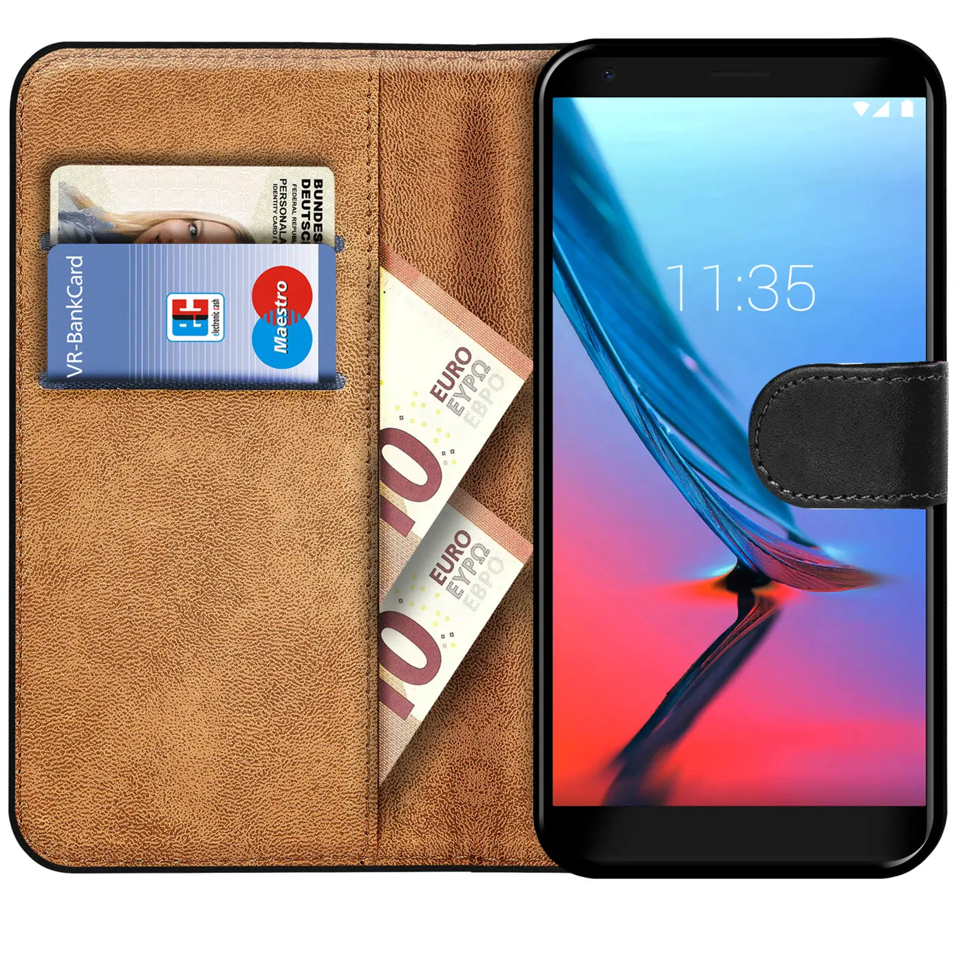 Braune Kunstleder-Klapphülle mit Kartenfächern und Geldscheinfach, zeigt ein Smartphone.