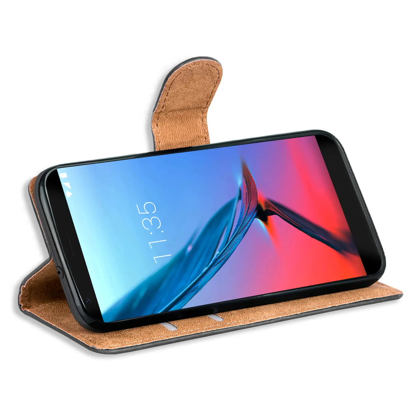 Braune Kunstleder-Klapphülle mit Kartenfächern, seitliche Ansicht, ZTE Blade V9.