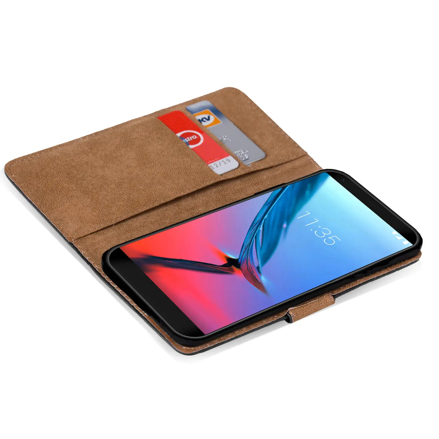 Braune Klapphülle aus Kunstleder mit Kartenfächern, zeigt ZTE Blade V9, von oben.