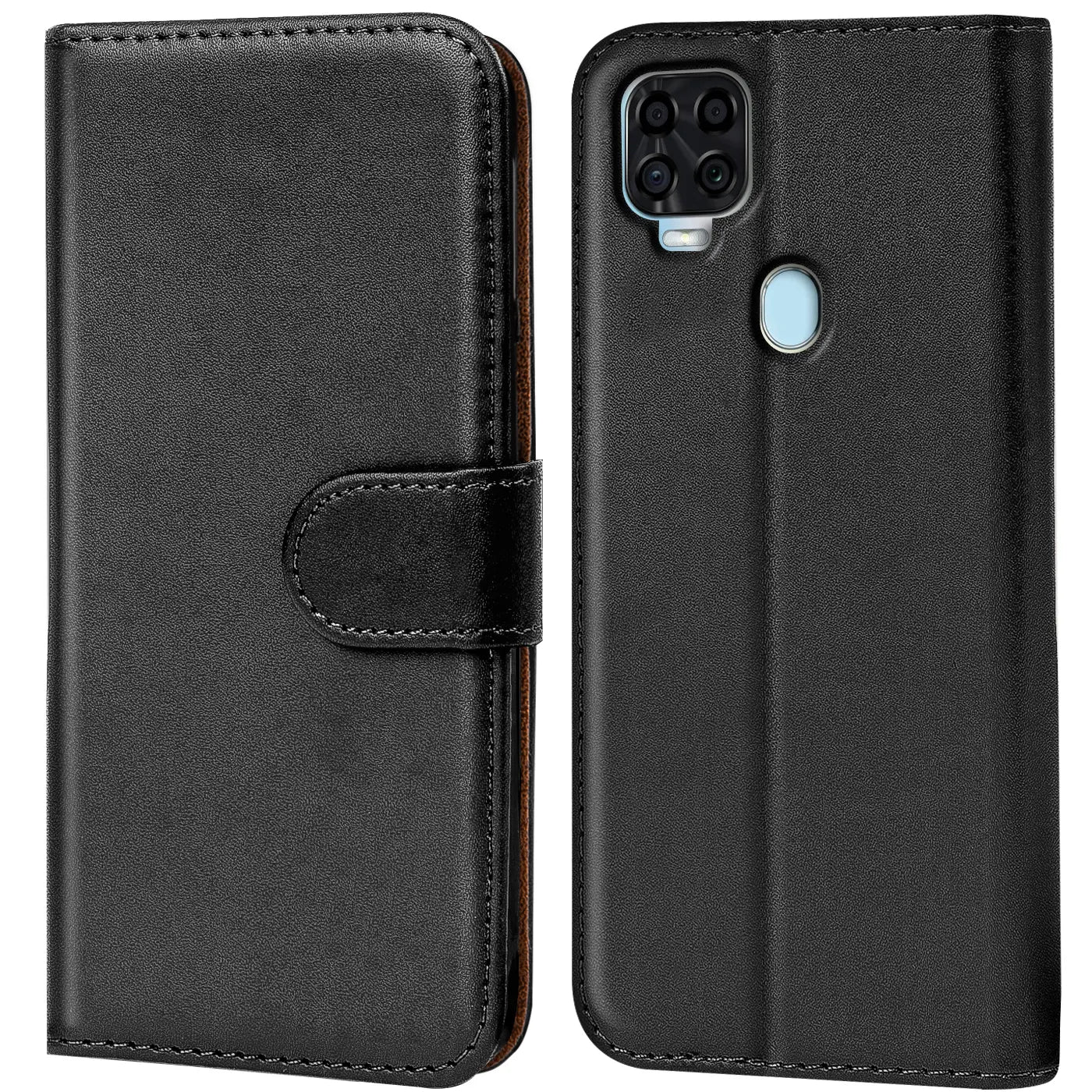 Schwarze Leder-Klapphülle mit Kartenfächern, Vorder- und Rückseite eines ZTE Blade V2020.