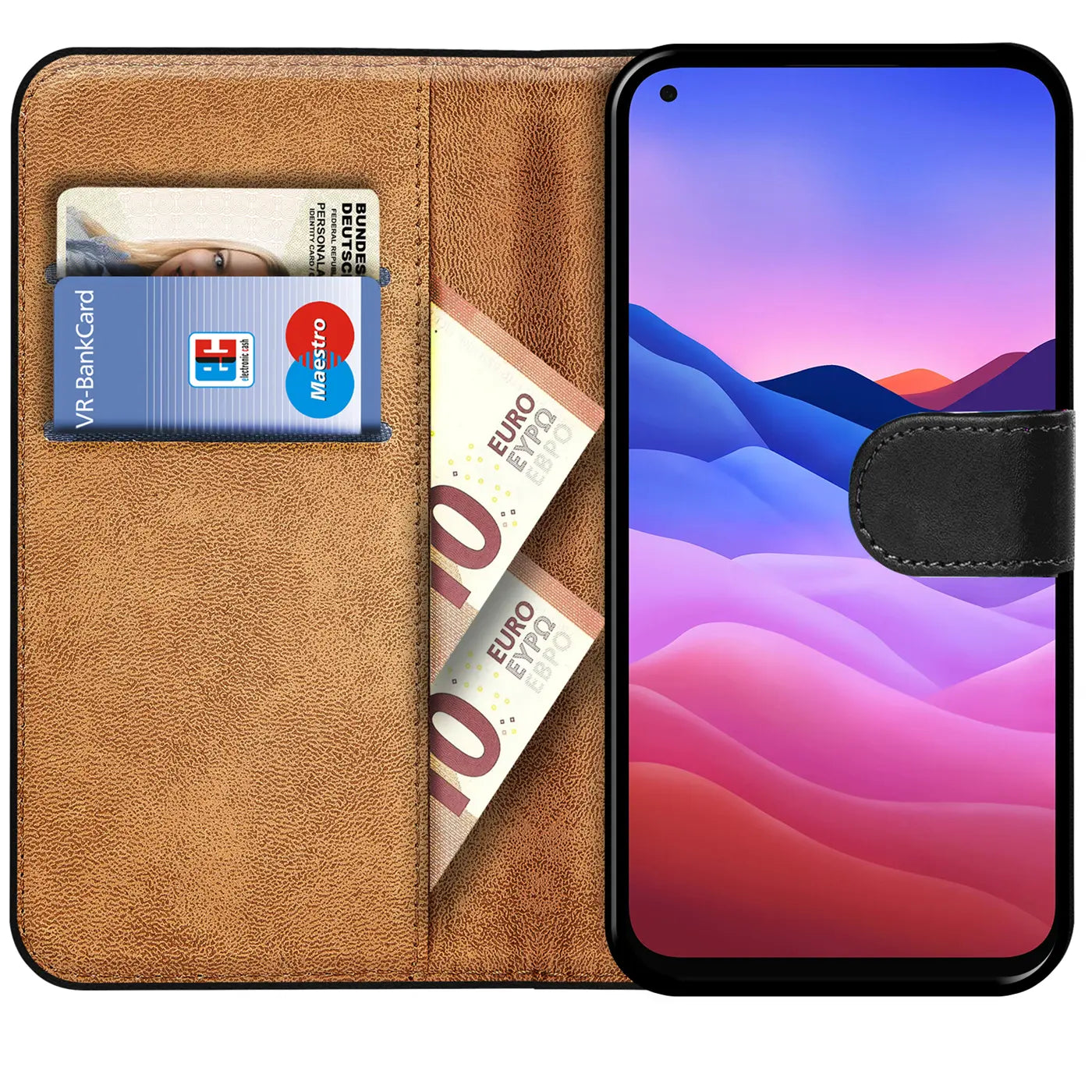 Braune Leder-Klapphülle mit Kartenfächern und Geldscheinfach, zeigt ZTE Blade V2020.