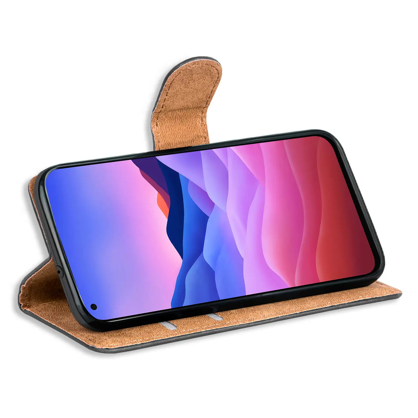 Braune Kunstleder-Klapphülle mit Kartenfächern für ZTE Blade V2020, von vorne.