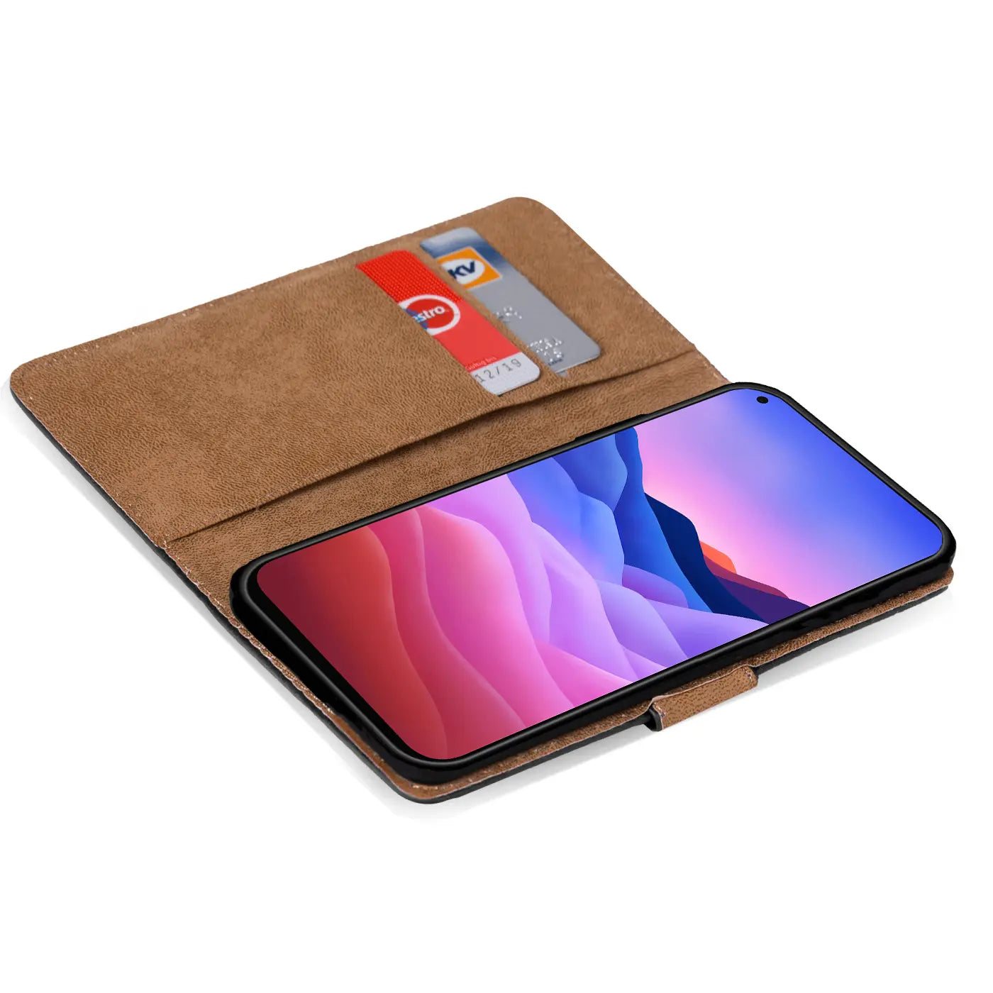 Braune Leder-Klapphülle mit Kartenfächern, ZTE Blade V2020, von oben schräg