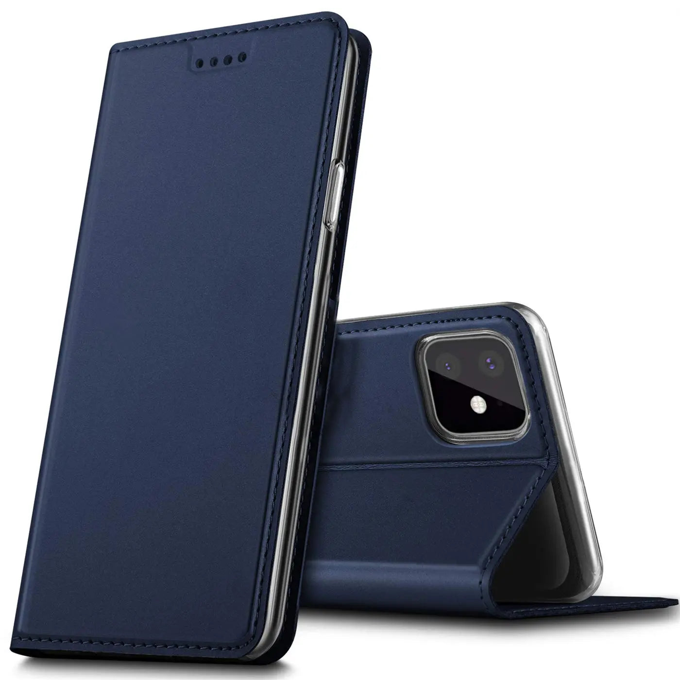 Dunkelblaue Leder-Flip-Hülle für iPhone 11, von vorne und hinten gezeigt.