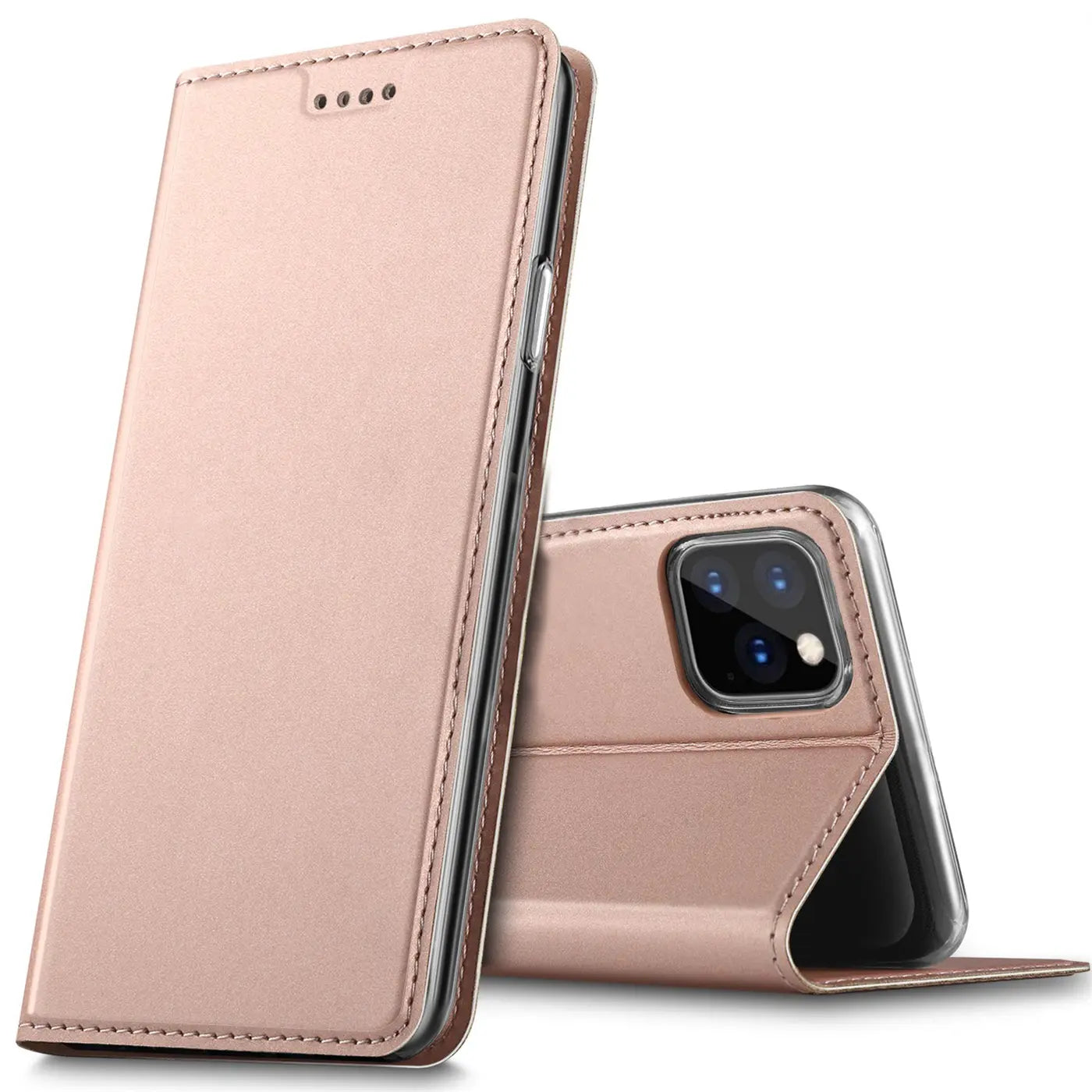 Metallic rosegoldene Klapphülle aus Kunstleder für iPhone 11 Pro Max, von vorne und hinten gezeigt.