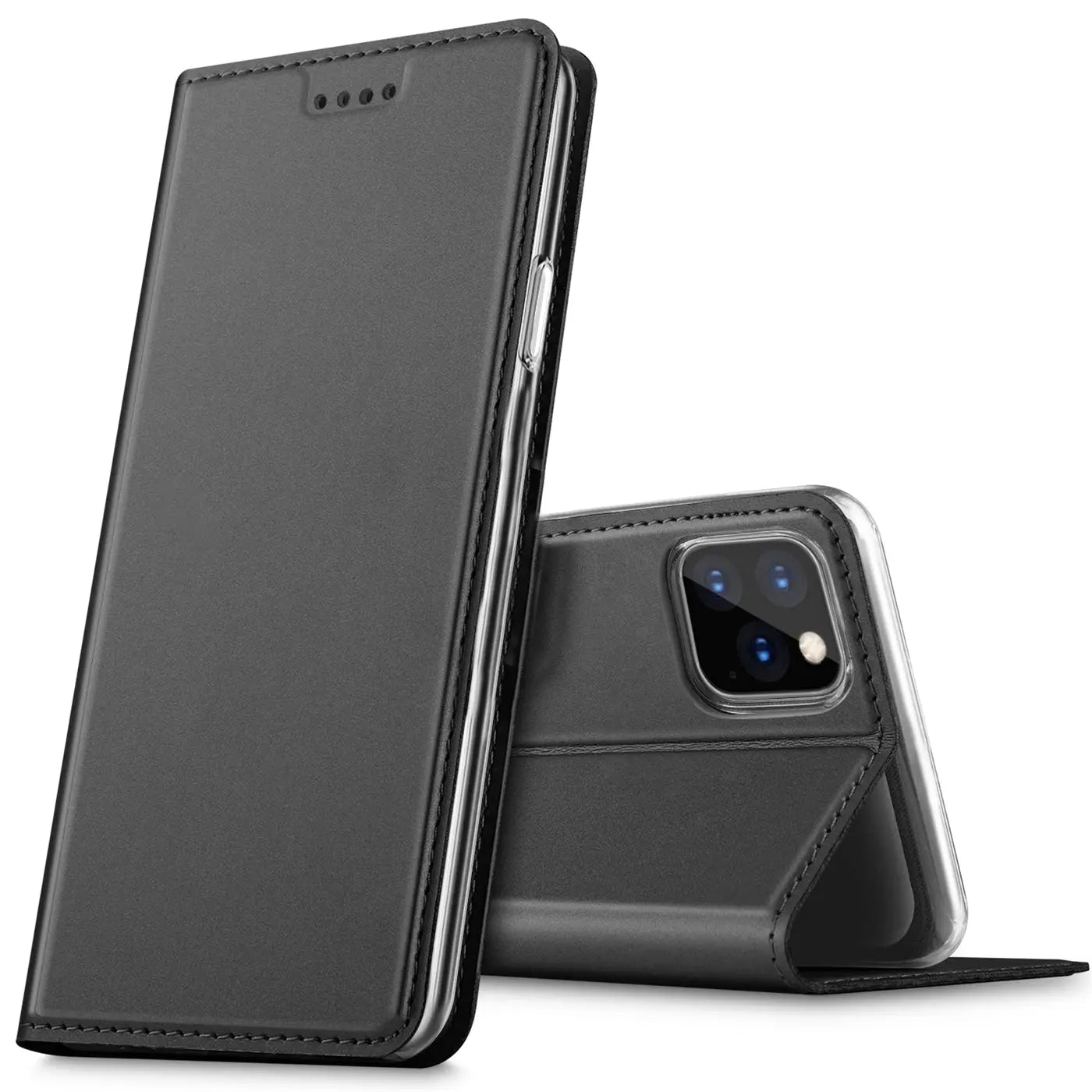 Schwarze Leder-Flip-Hülle für iPhone 11 Pro Max, von vorne und hinten gezeigt.