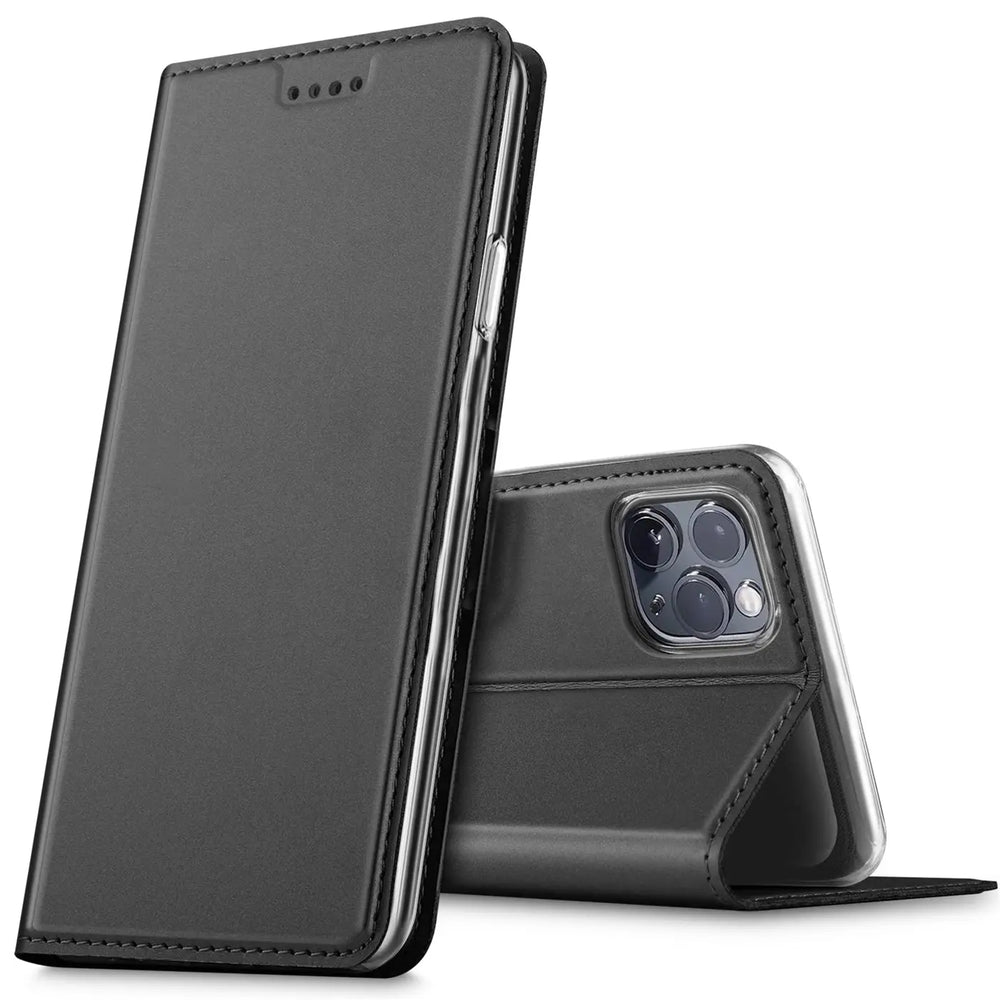 Schwarze Leder-Flip-Hülle für iPhone 11 Pro, von vorne und hinten gezeigt.