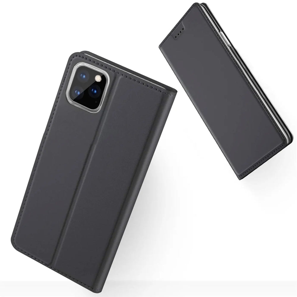 Dunkelgraue Leder-Flip-Hülle für iPhone 11 Pro, von vorne schräg gezeigt.