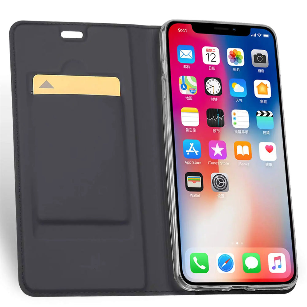 Dunkelgraue Kunstleder-Flip-Hülle mit Kartenfach, zeigt iPhone 11 Pro, von vorne.