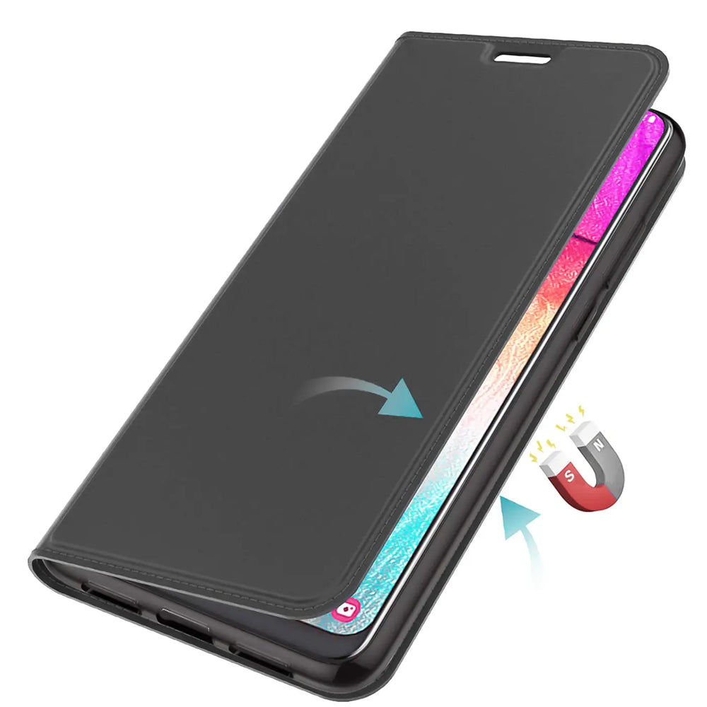 Dunkelgraue Klapphülle aus Kunstleder für iPhone 11 Pro, von schräg oben gezeigt.
