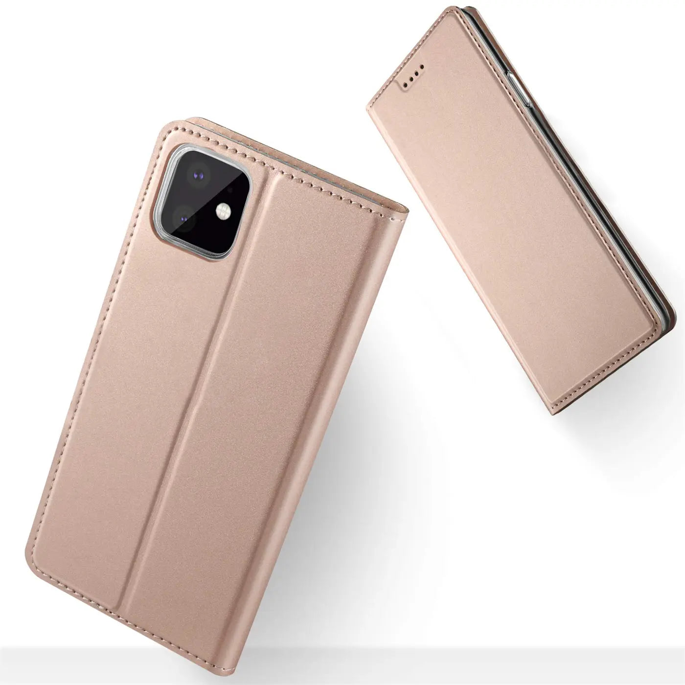 Metallic rosegoldene Klapphülle aus Kunstleder für iPhone 11, von vorne/oben gesehen.