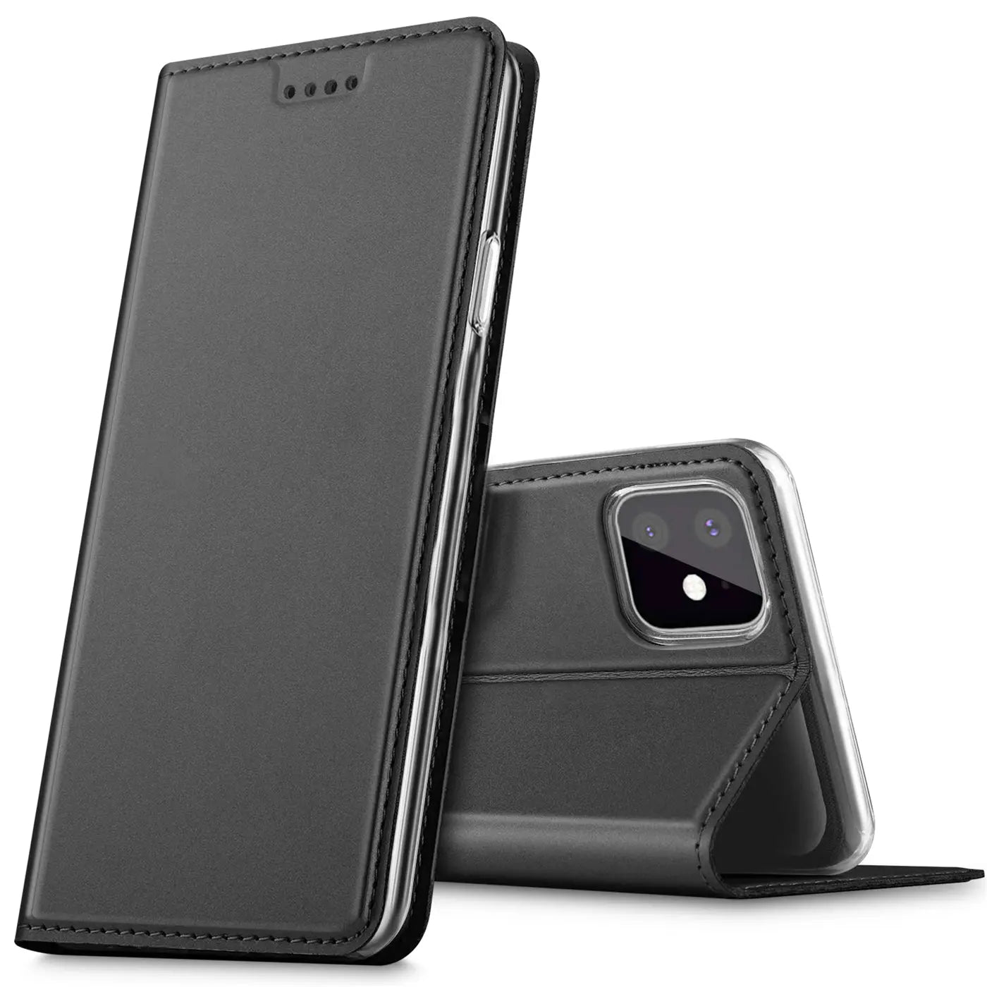 Schwarze Leder-Flip-Hülle für iPhone 11, von vorne/seitlich, mit aufgestelltem Gerät
