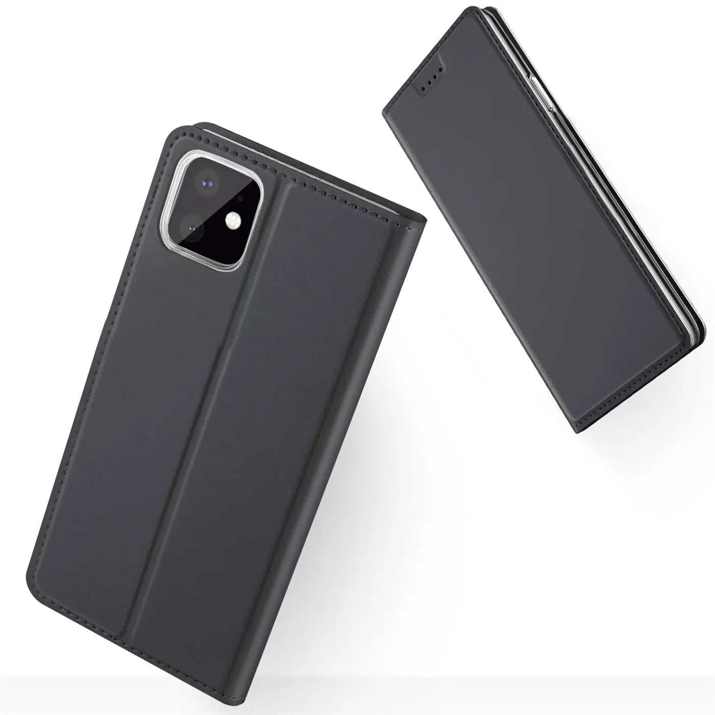 Dunkelgraue Leder-Flip-Hülle für iPhone 11, von vorne, geschlossen.