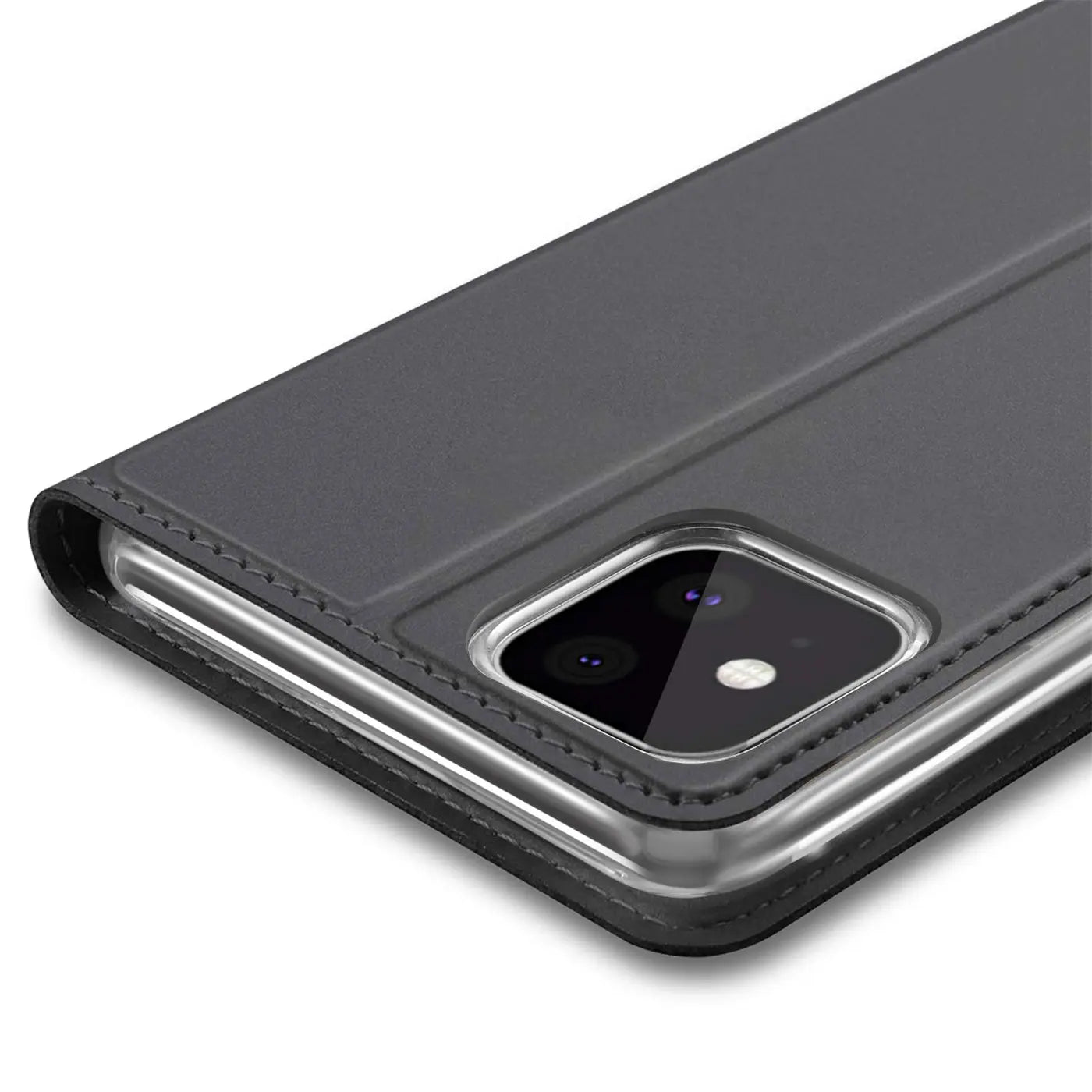 Dunkelgraue Kunstleder-Flip-Hülle mit silbernem Rahmen, Nahaufnahme, iPhone 11 Kamera.