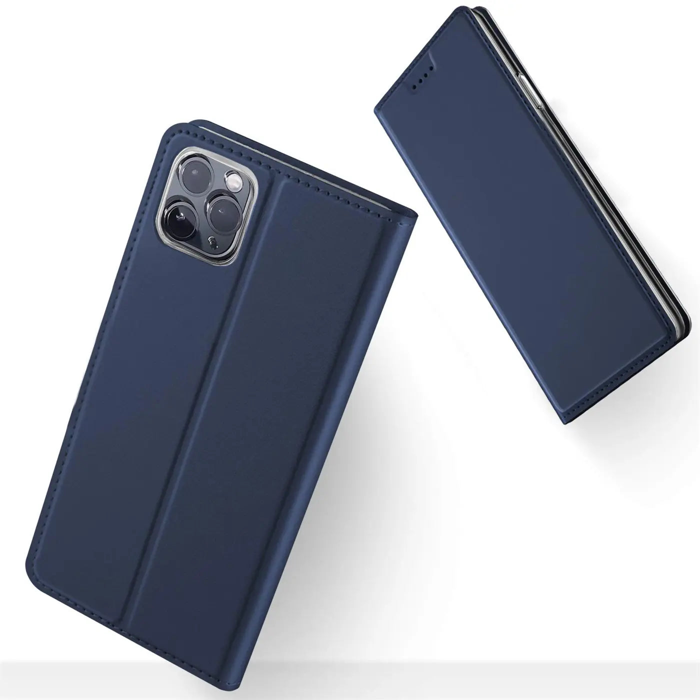 Dunkelblaue Leder-Flip-Hülle für iPhone 12 Mini, von vorne schräg betrachtet.