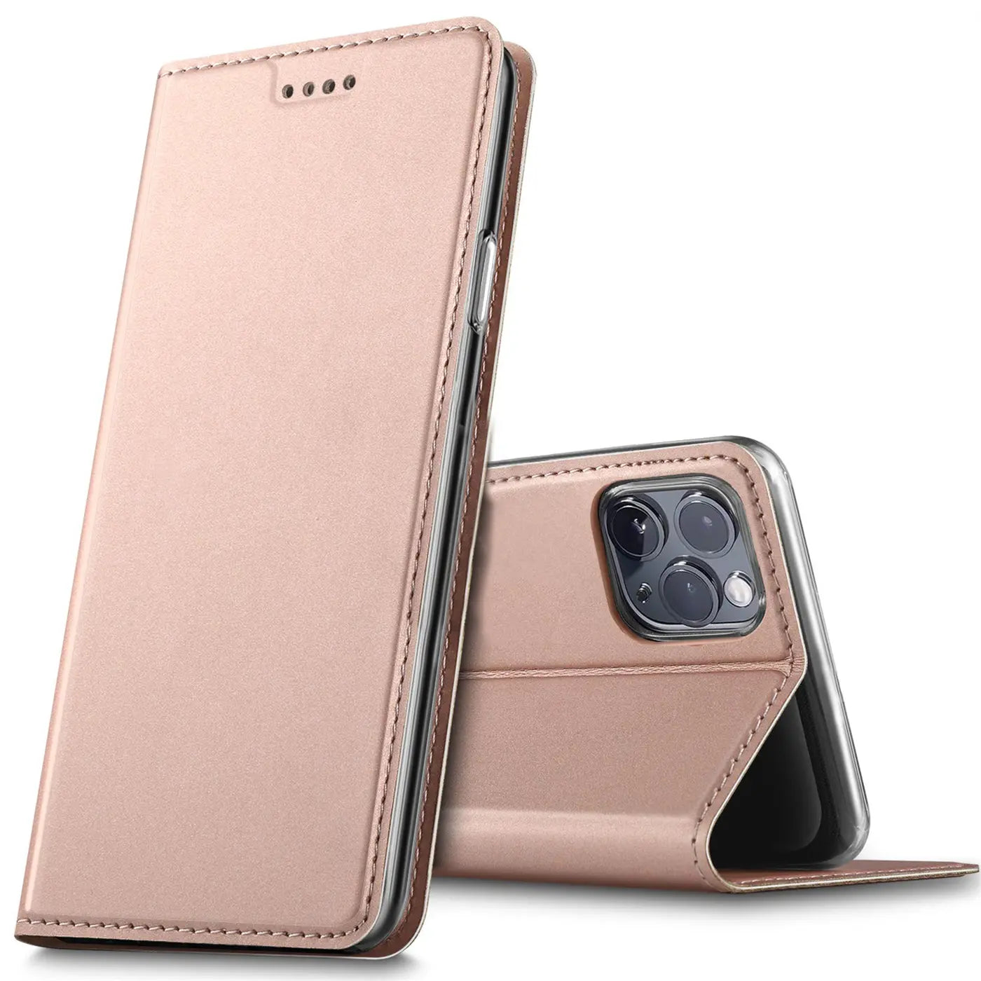 Roséfarbene Klapphülle aus Kunstleder für iPhone 12 Mini, von vorne und hinten gezeigt.