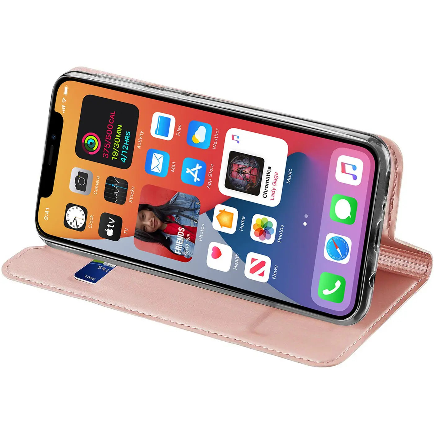 iPhone 12 Mini in rosa Kunstleder-Flip-Hülle, von schräg oben gezeigt.
