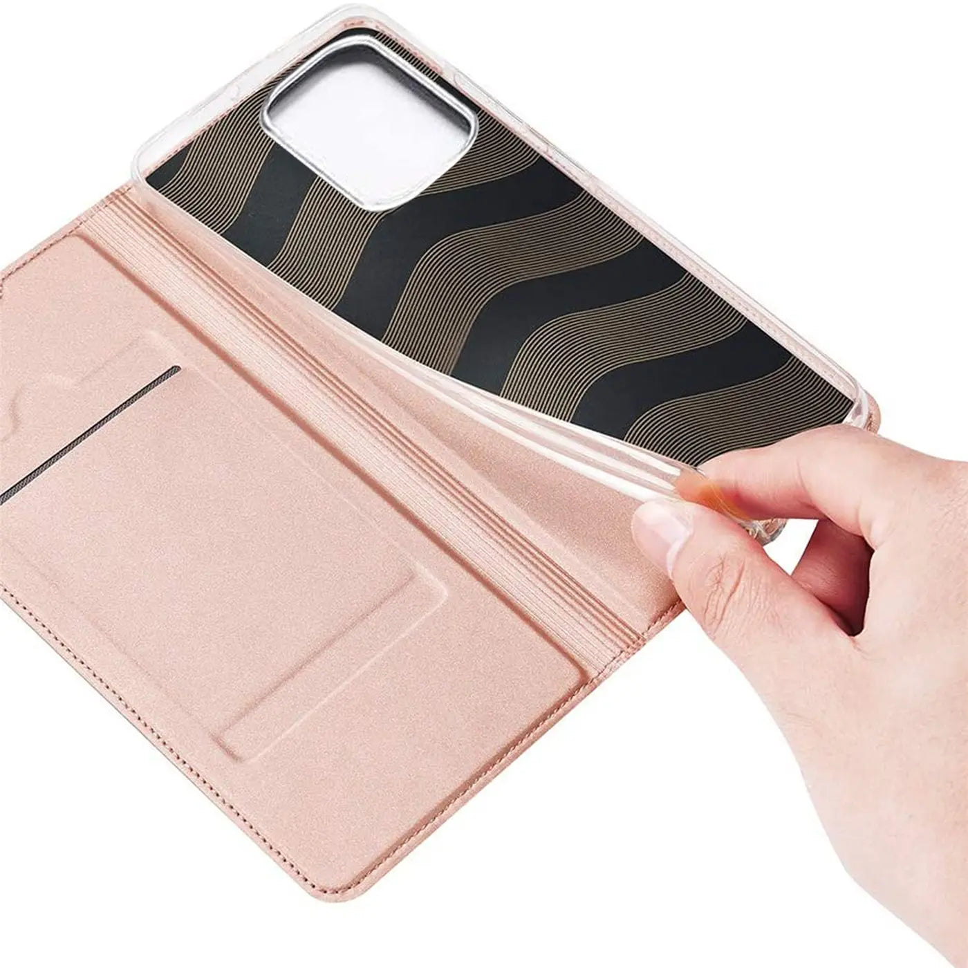 Rosa Kunstleder-Flip-Hülle mit Kartenfächern, zeigt Rückseite eines iPhones 12 Mini.