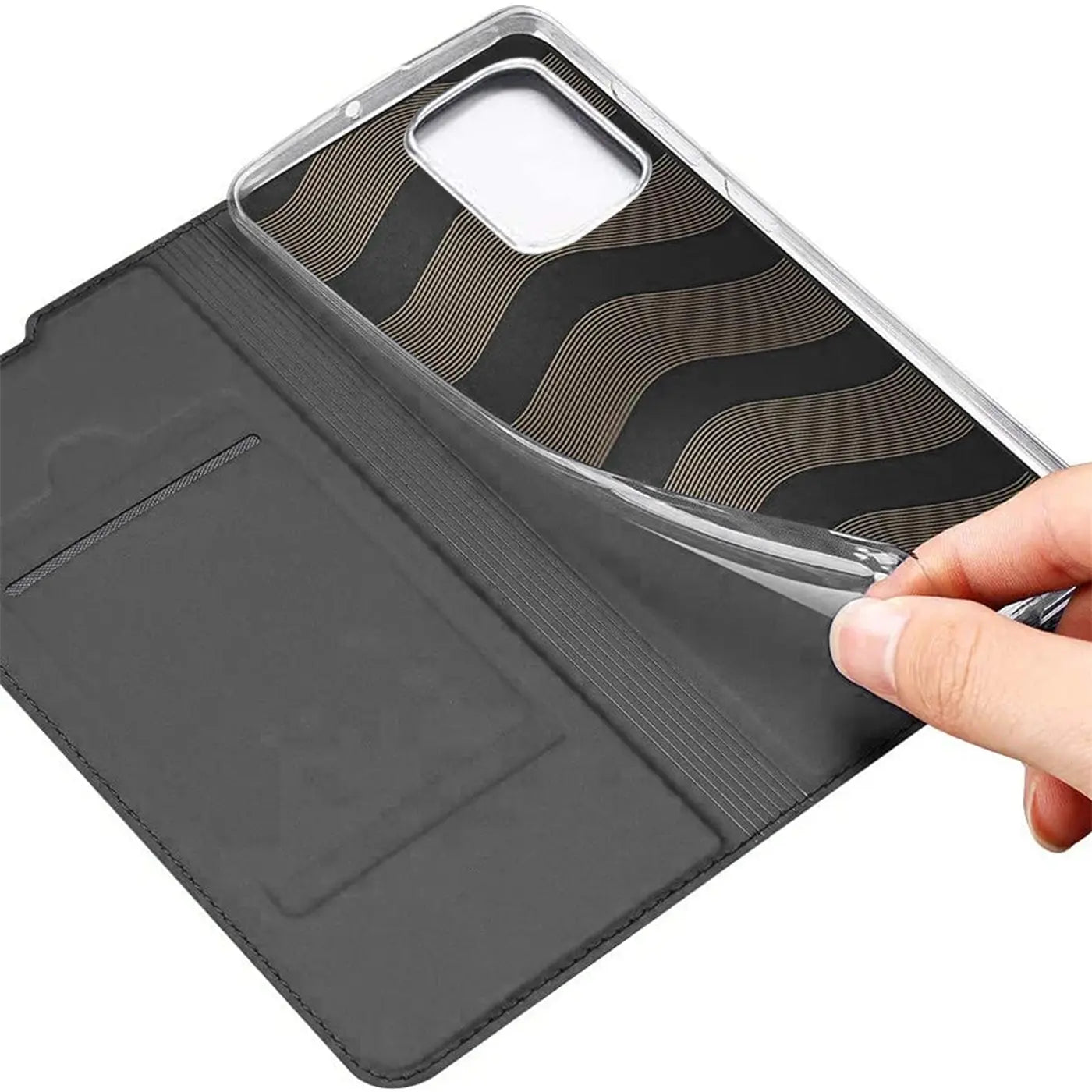 Graue Leder-Flip-Hülle mit transparenter Rückseite, die ein iPhone 12 Mini mit Wellenmuster zeigt.