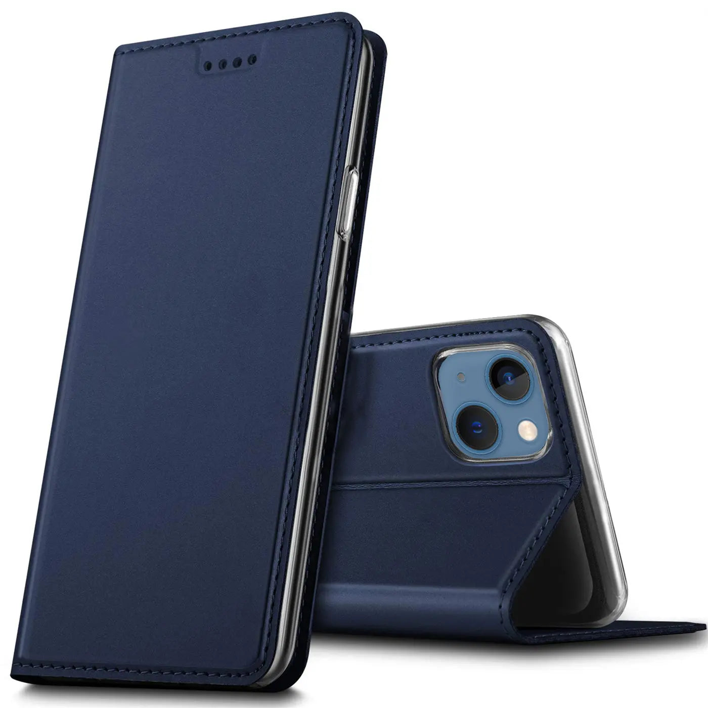 Dunkelblaue Leder-Flip-Hülle, seitliche Ansicht, zeigt iPhone 13 Mini.