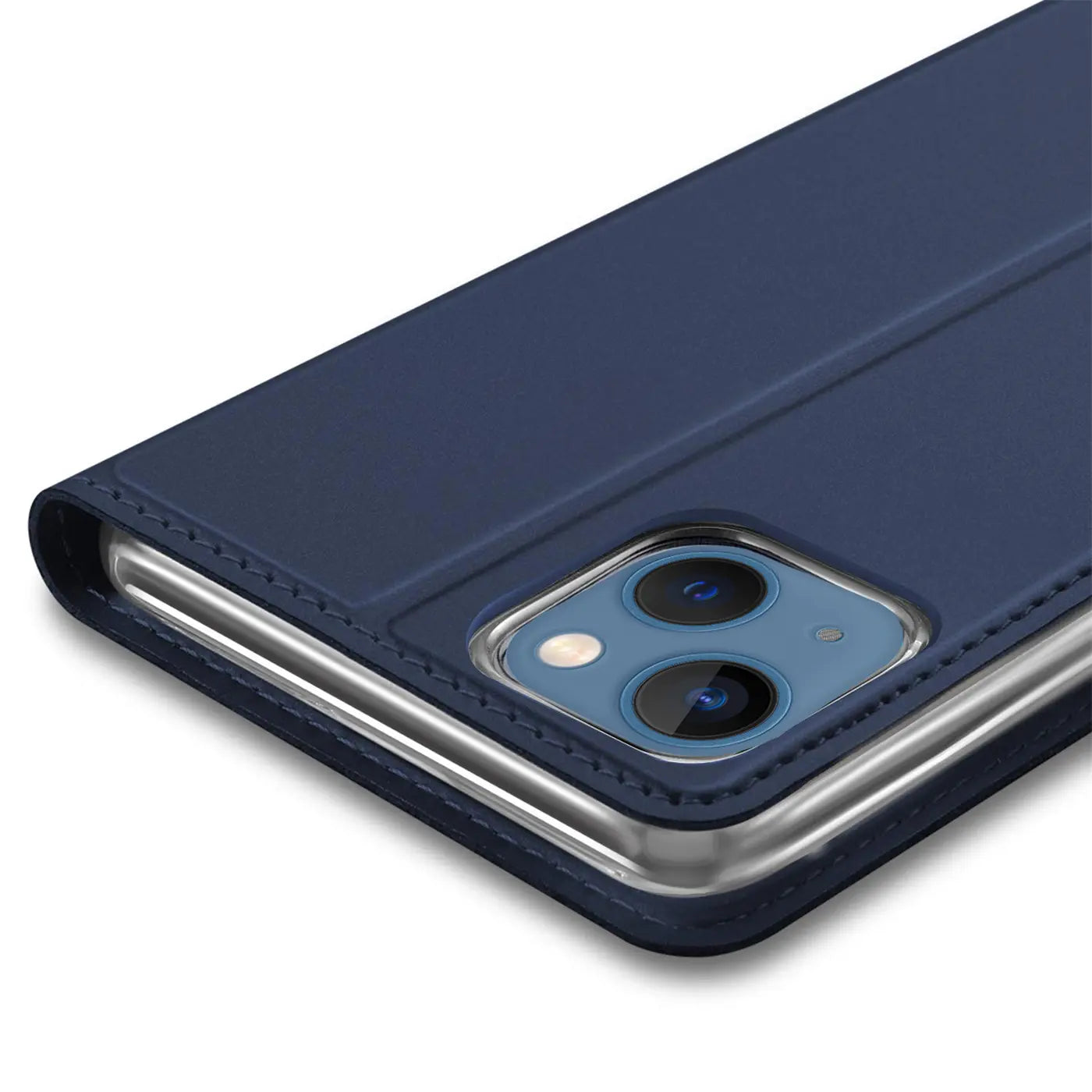 Dunkelblaue Leder-Flip-Hülle mit silbernem Rand, zeigt iPhone 13 Mini Kamera.