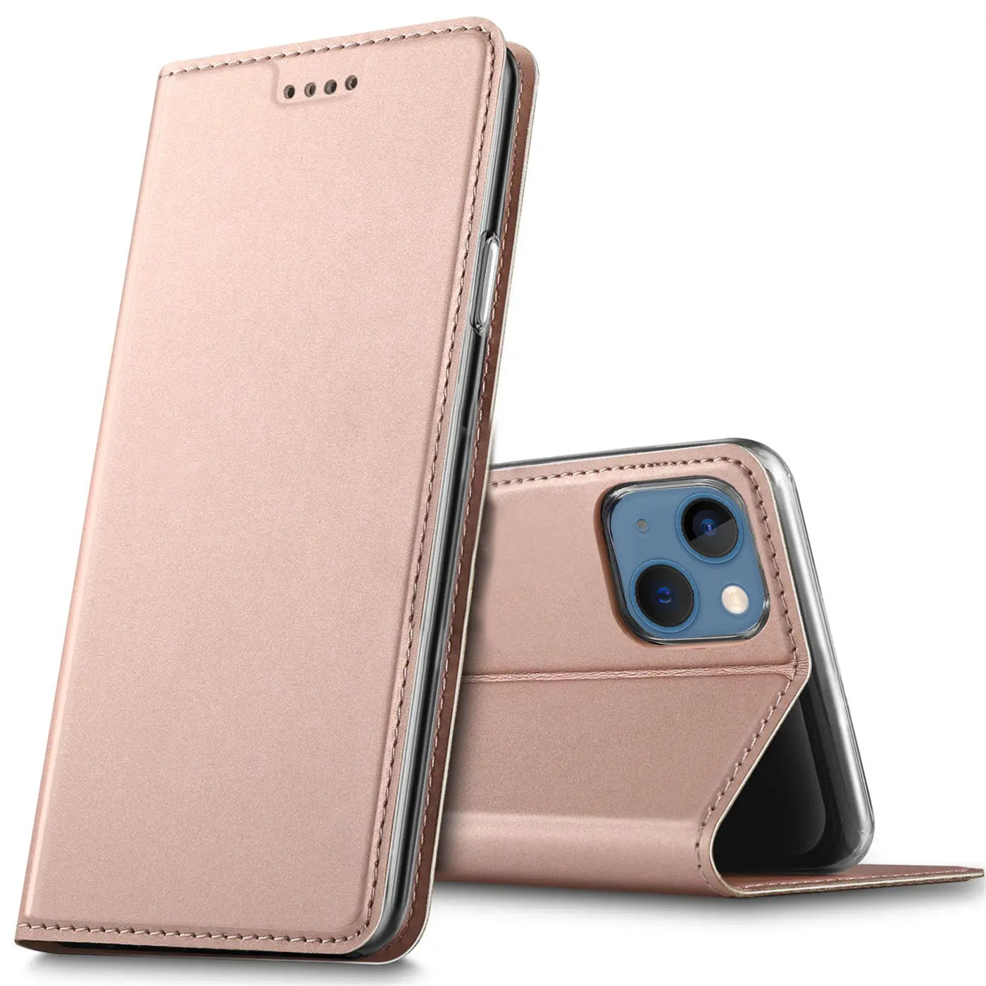 Roségoldene Leder-Flip-Hülle für iPhone 13 Mini, von vorne und hinten gezeigt.