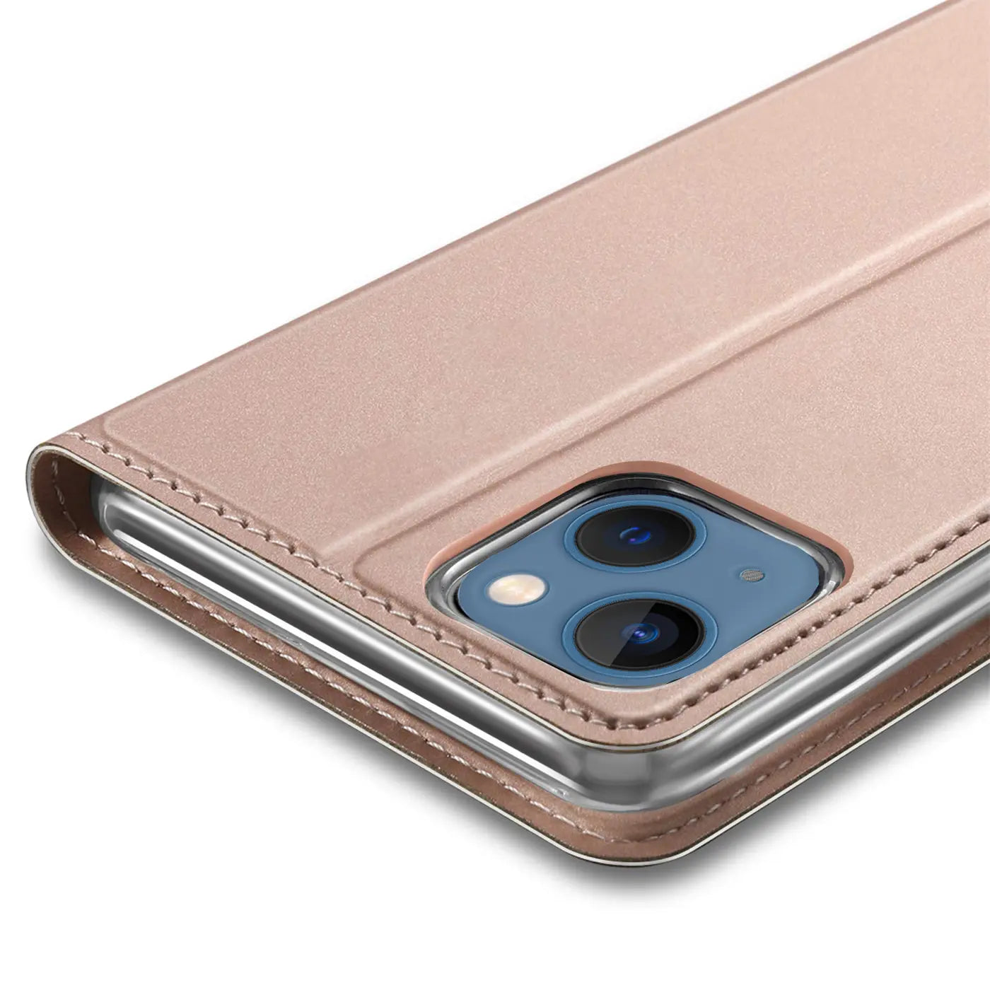 Rosafarbene Metallic-Flip-Hülle aus Leder für iPhone 13 Mini, Nahaufnahme von hinten.