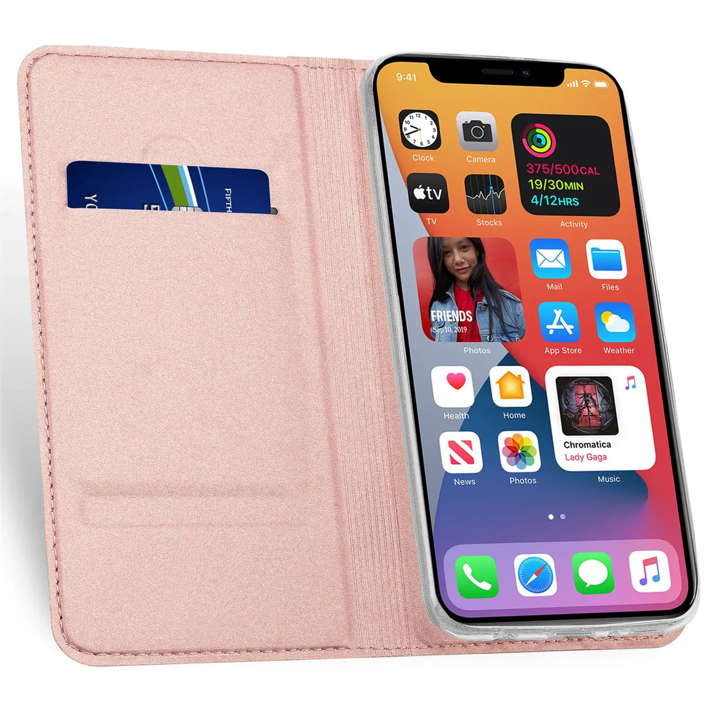 Rosa Kunstleder-Flip-Hülle mit Kartenfach, iPhone 13 Pro Max, von vorne links